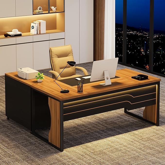 L-Shaped Executive Computer Desk with Mobile File Cabinet, 63 inch Large Office Table