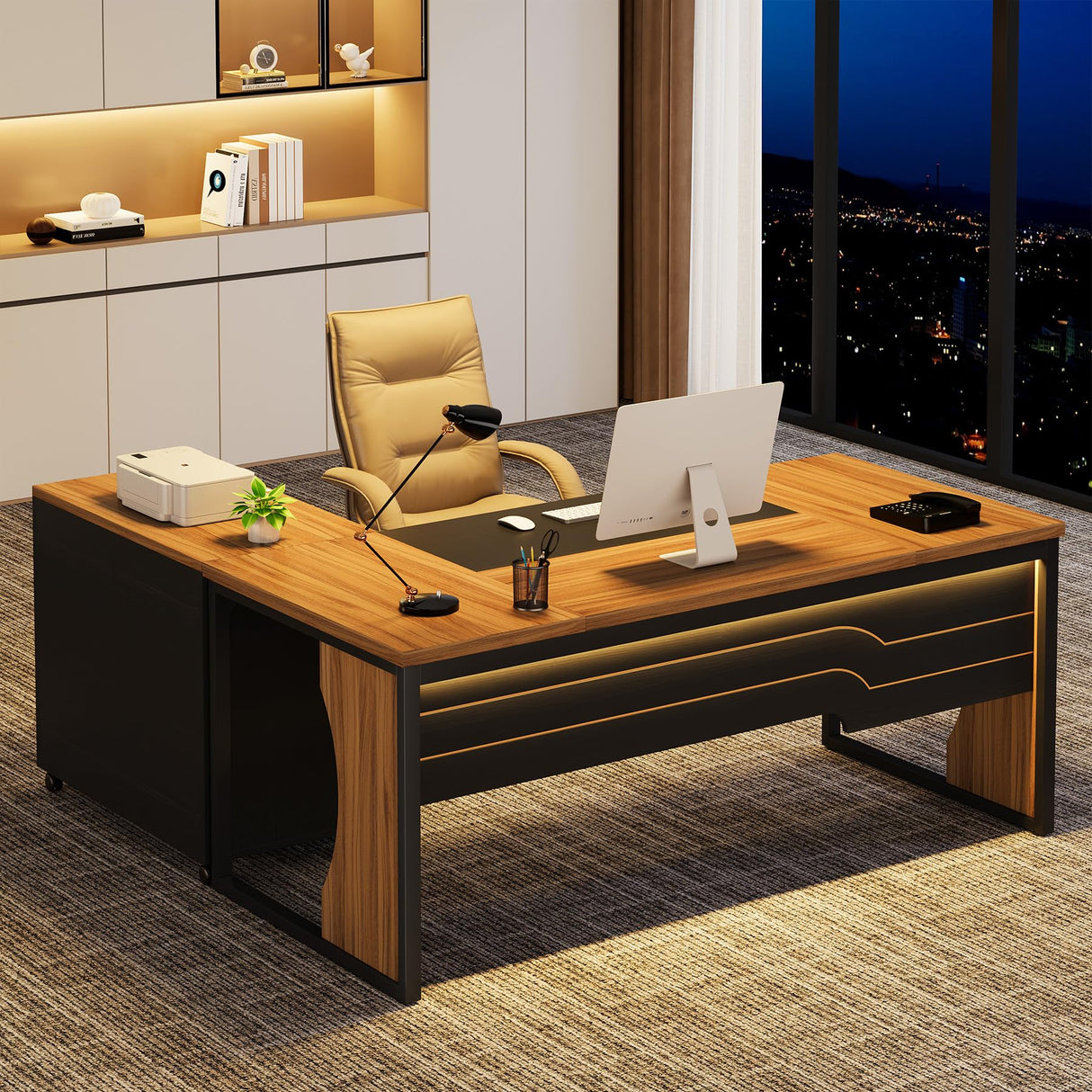 L-Shaped Executive Computer Desk with Mobile File Cabinet, 63 inch Large Office Table