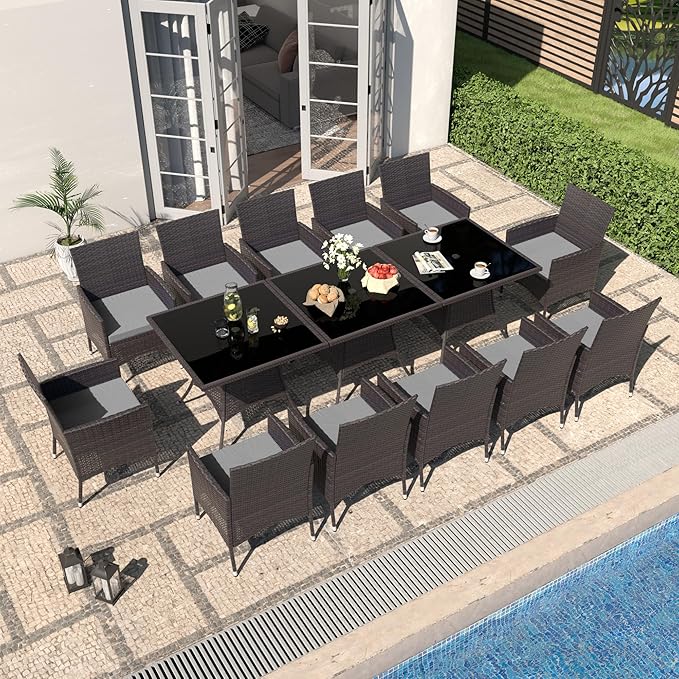 10-Piece Indoor/Outdoor Dining Table Set, Garden Patio Rattan Set with w/Tempered Glass Tabletop