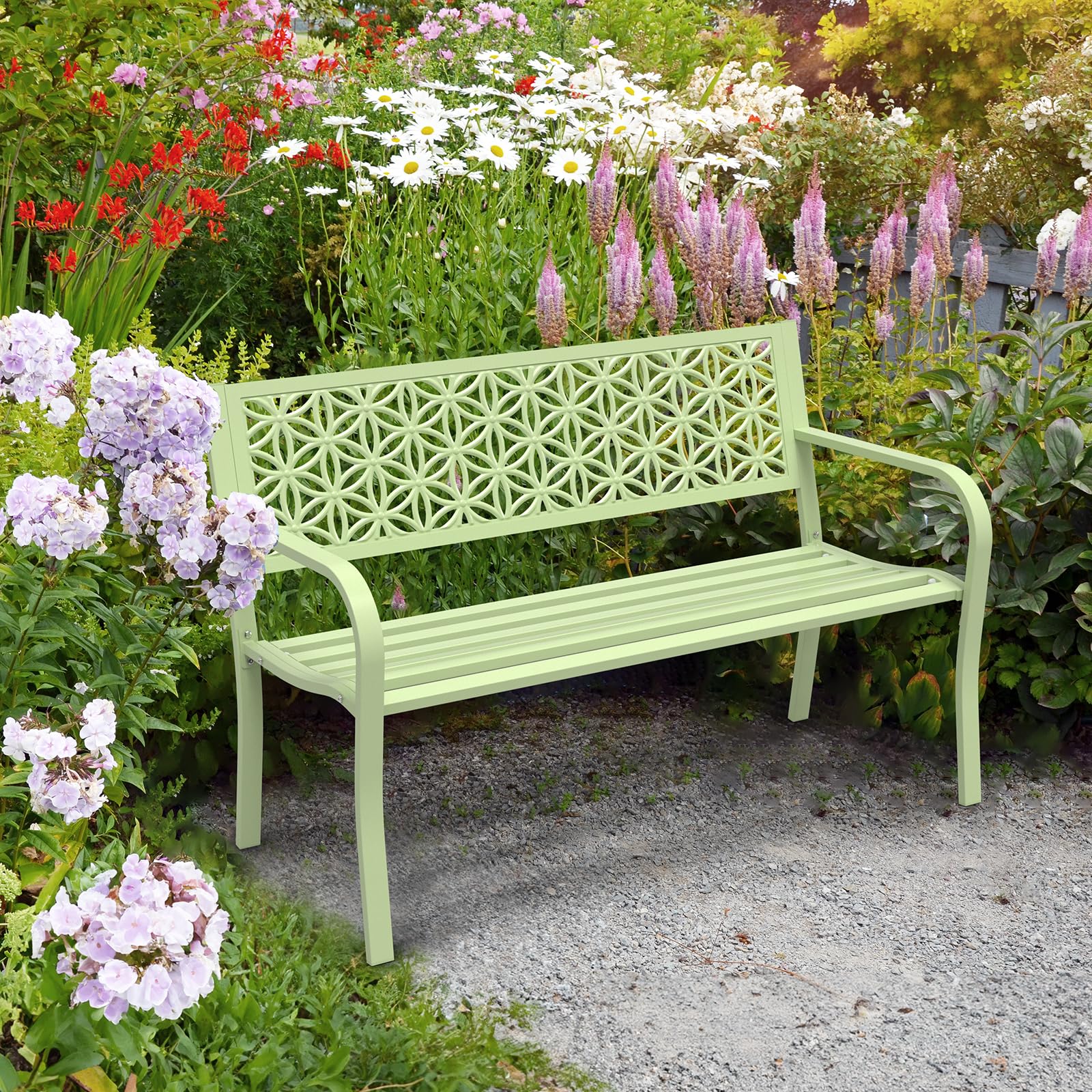 Outdoor Bench Metal with Floral Back, Garden Bench Front Porch Bench for Yard Patio