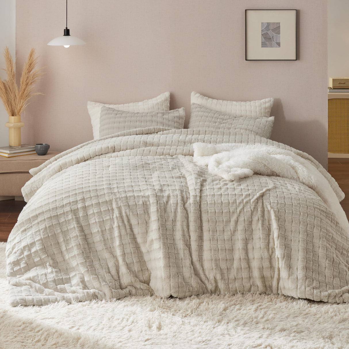 Fluffy Comforter Set King - Ultra Soft Faux Fur Comforter, Linen Comforter Set King Size