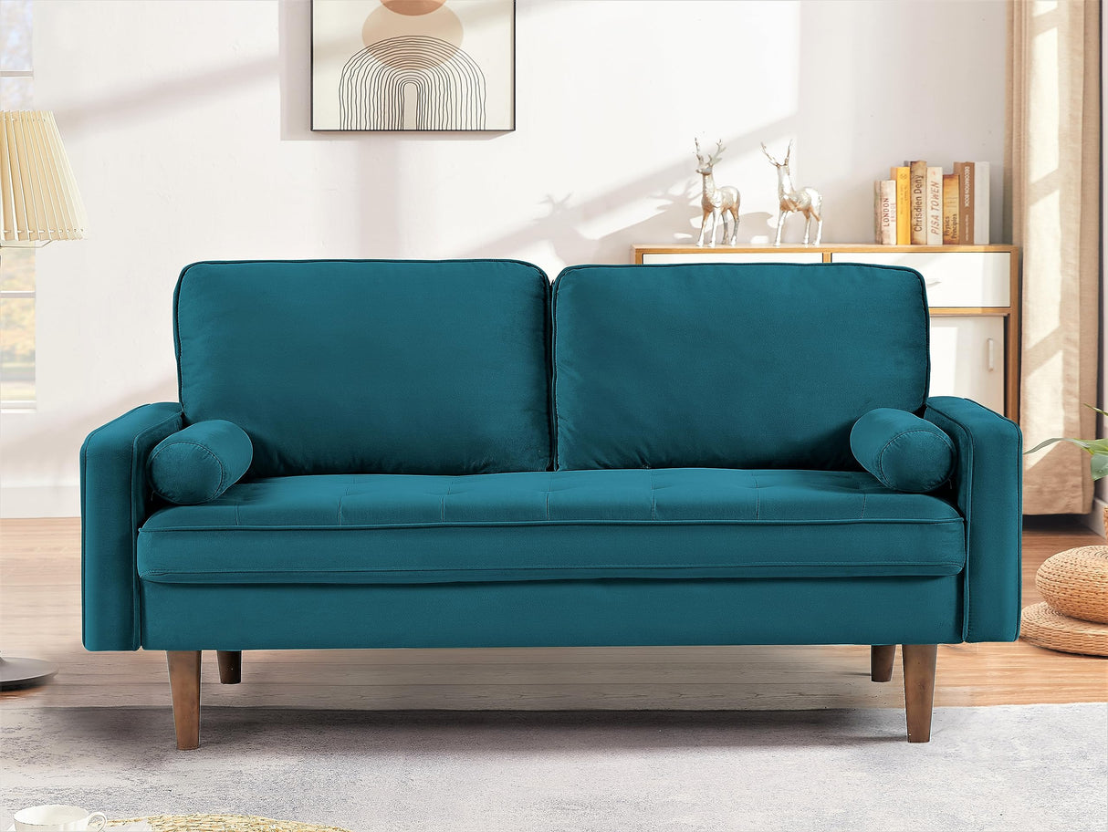 Velvet Tufted Mid-Century Loveseat Sofa with Bolster Pillows – 3 Colors