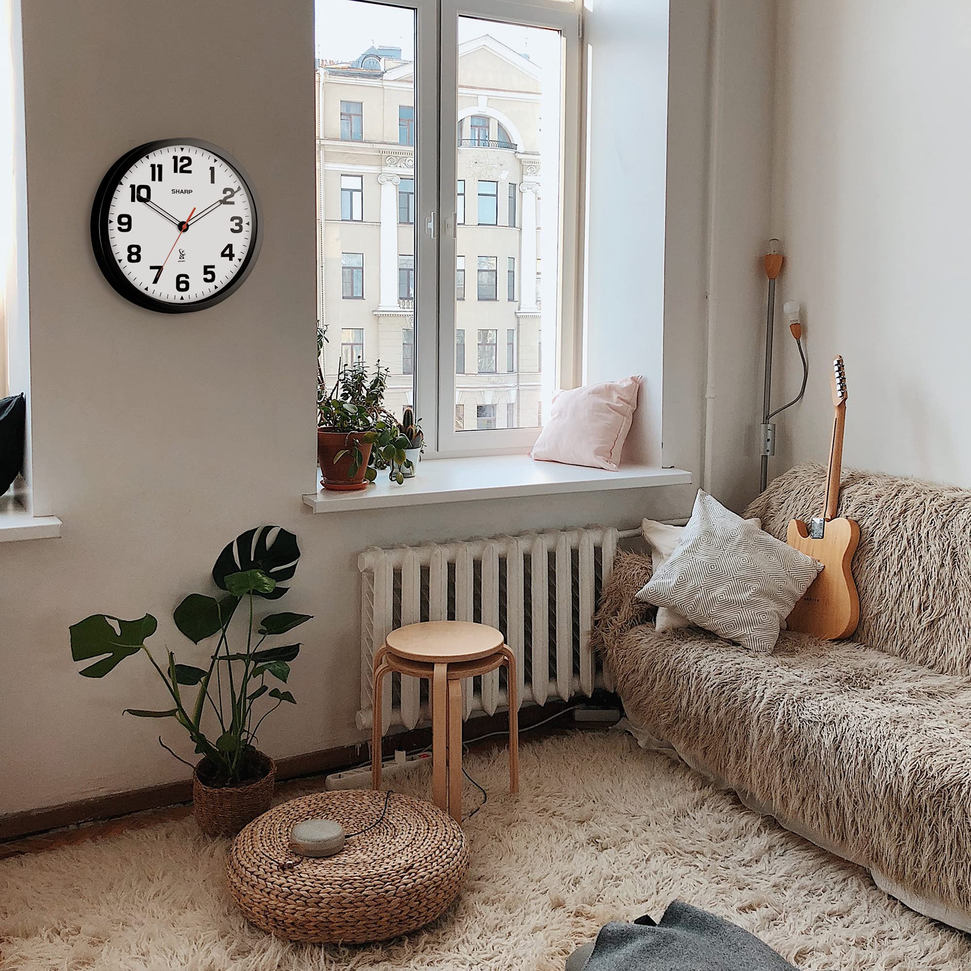 Atomic Analog Wall Clock - 12" Black Stylish Frame - Sets Automatically- Battery Operated