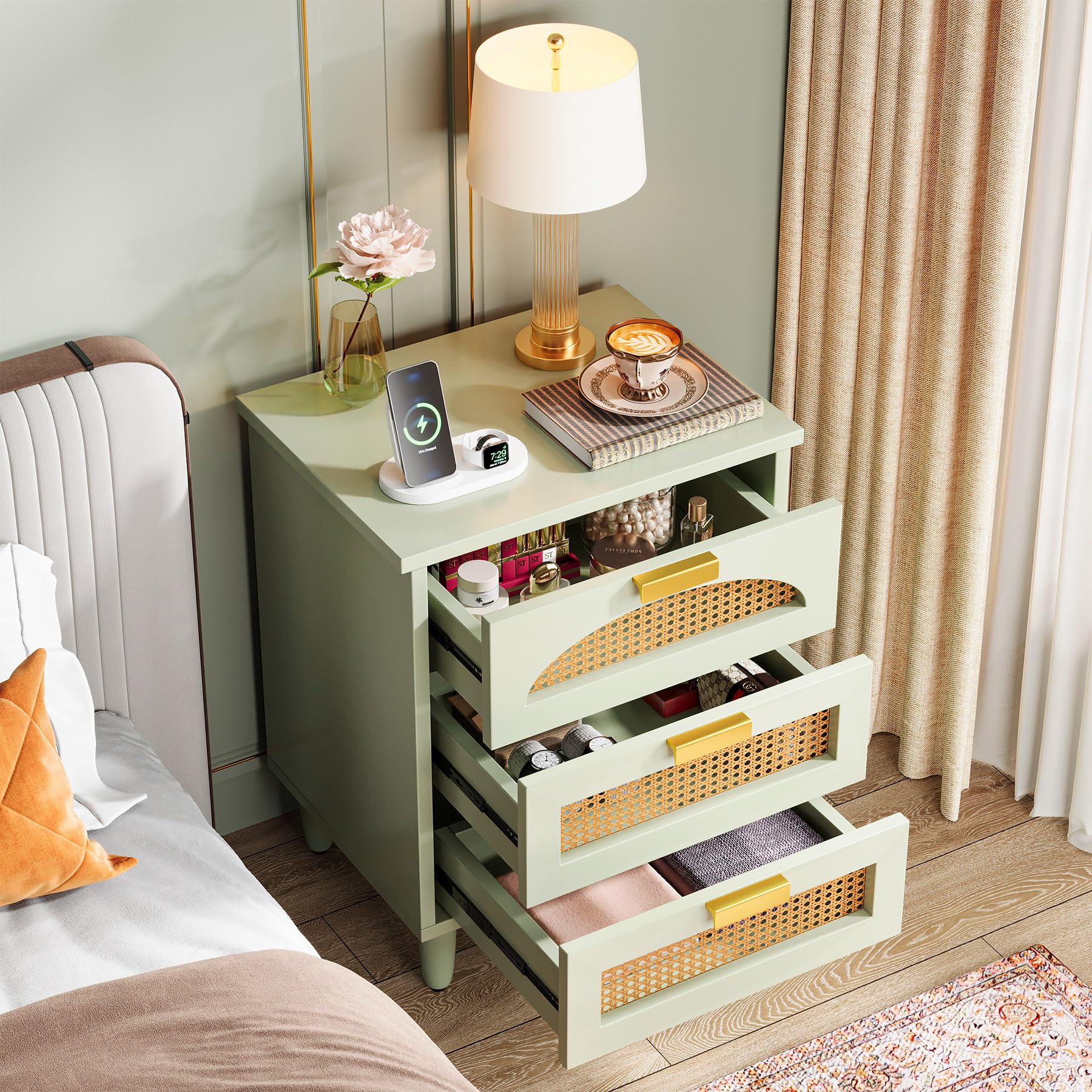 Mint Green Nightstand, 3-Drawer Rattan Night Stand Side Table, Accent Bedside Tables