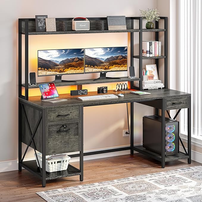 Computer Desk with Drawers & Hutch, 59.1" Office Desk with Power Outlets & LED Lights, Home Office Desk with Storage Shelves, Rustic Brown