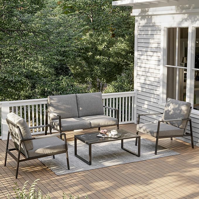 4-Piece Patio Conversation Set, Waterproof Outdoor Furniture Set with Thick Cushion