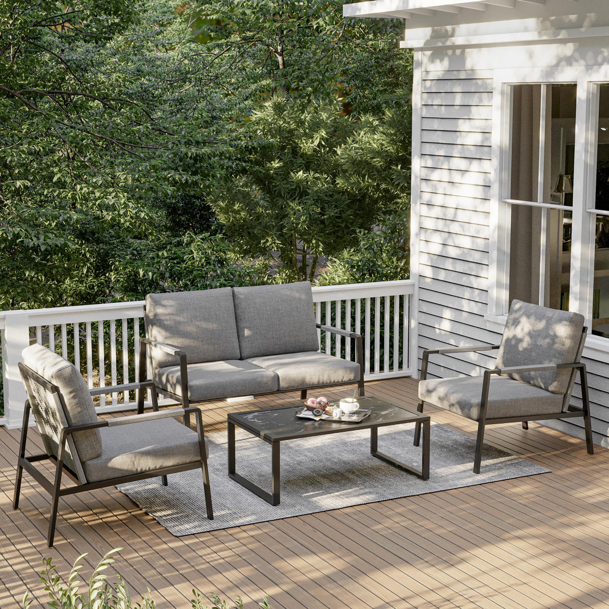 4-Piece Patio Conversation Set, Waterproof Outdoor Furniture Set with Thick Cushion