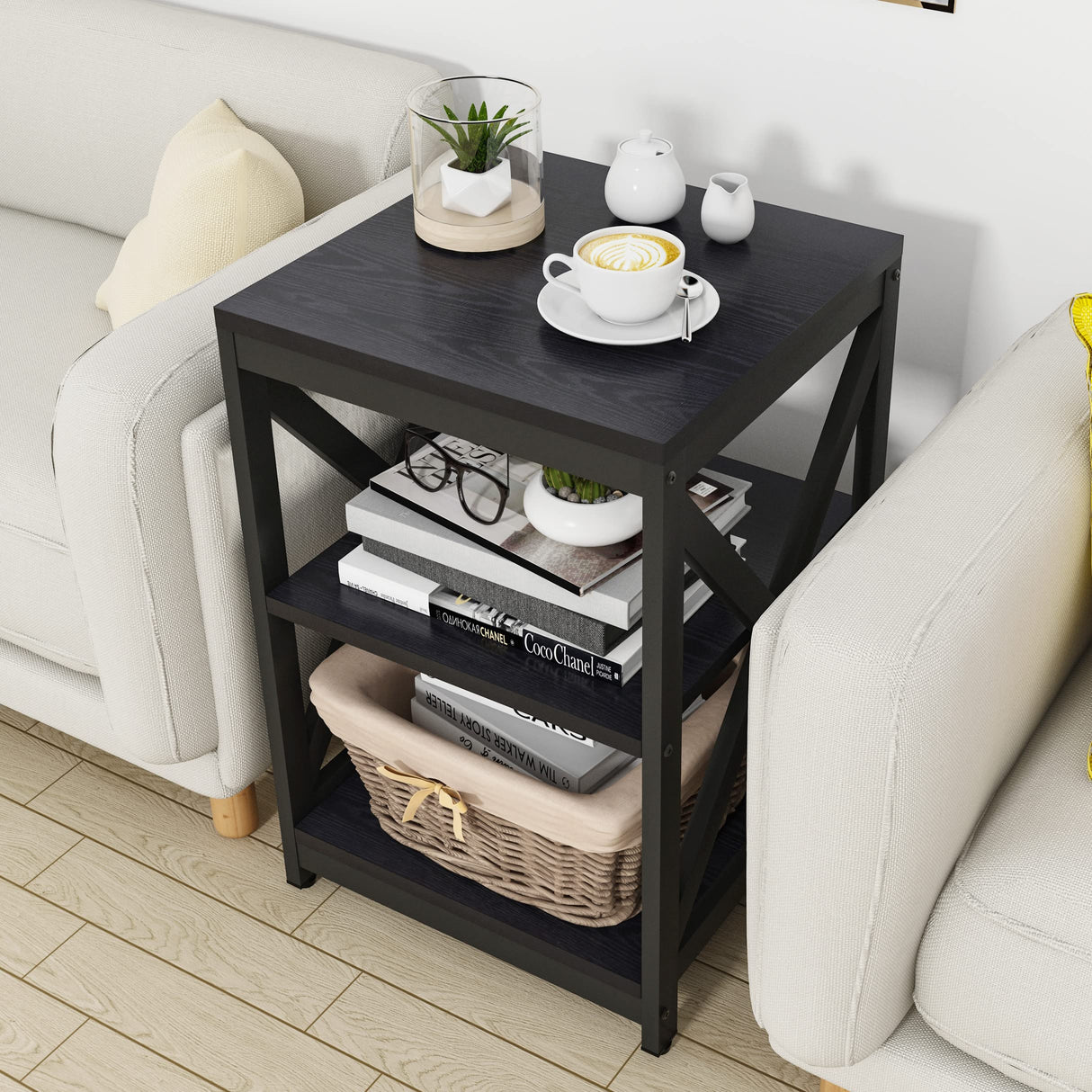 Living Room Coffee Table Set of 3, Industrial X-Design Coffee Table and 2 End Side