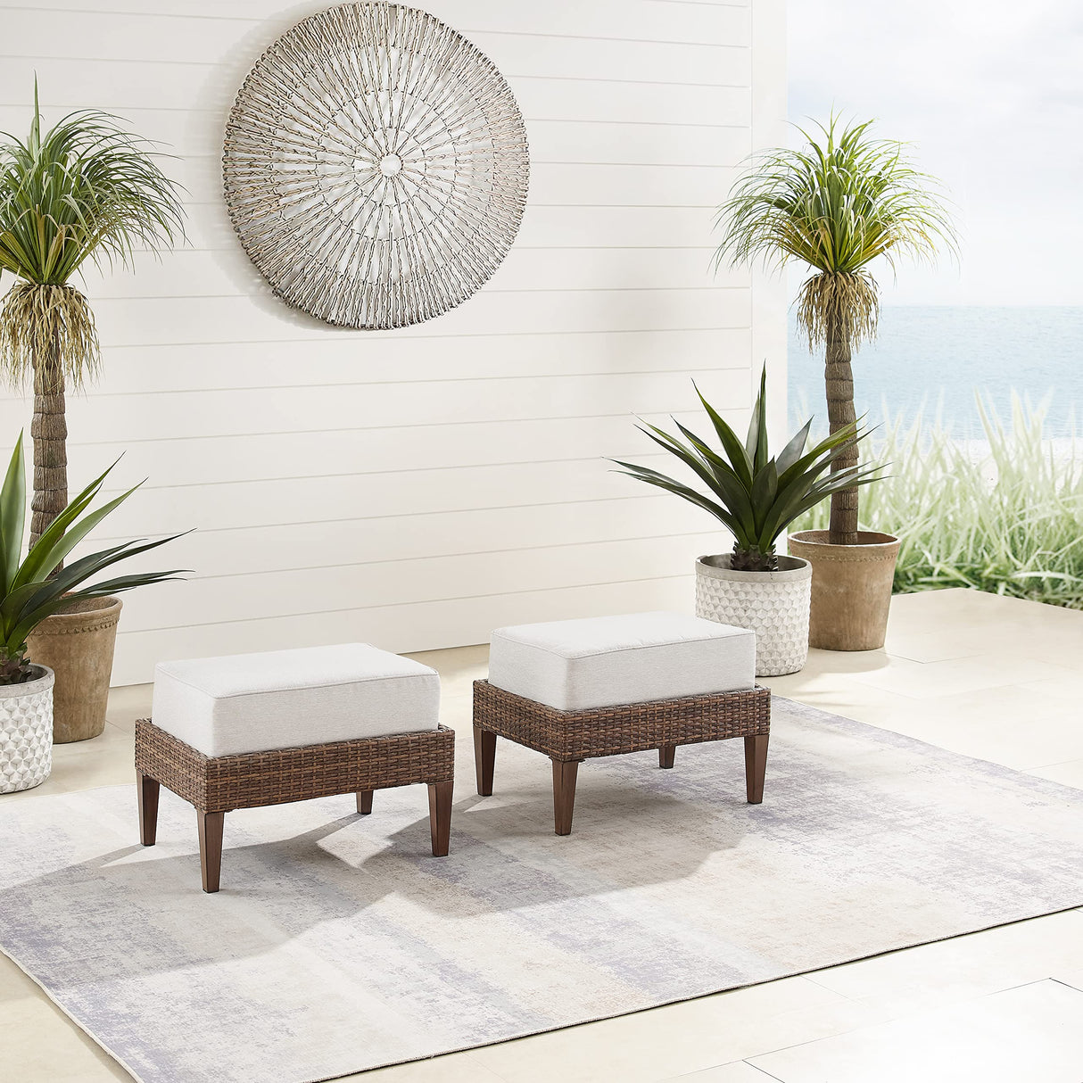 Capella 2-Piece Wicker Outdoor Ottoman Foot Rest for Patio, Deck, Porch, Creme
