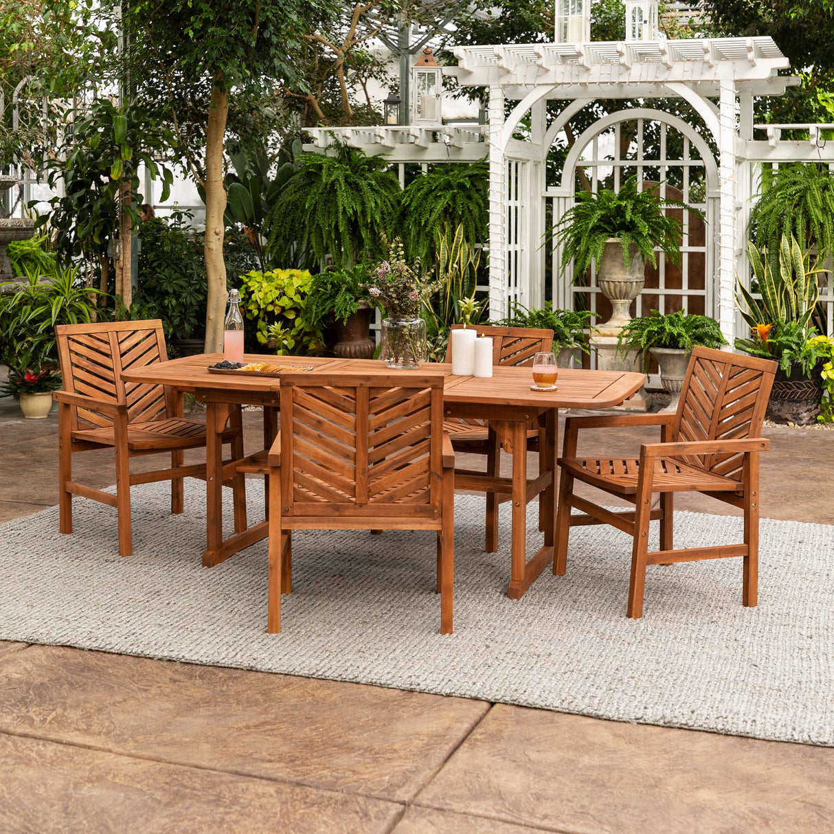4-6 Person Outdoor Wood Chevron Back Patio Furniture Dining Set Extendable Table Chairs
