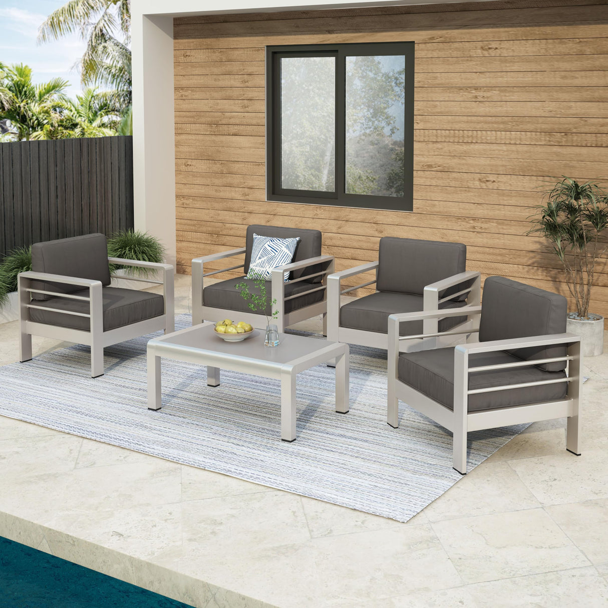 Crested Bay Aluminum Patio Chat Set, 5-Pcs Set, Khaki / Silver