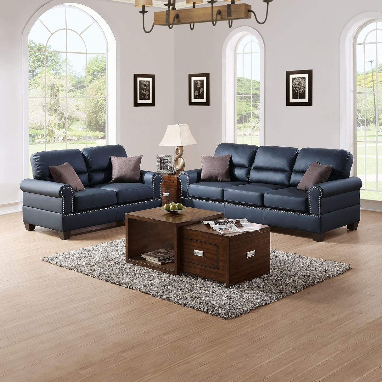 Bobkona Shelton Bonded Leather 2 Piece Sofa and Loveseat Set, Black