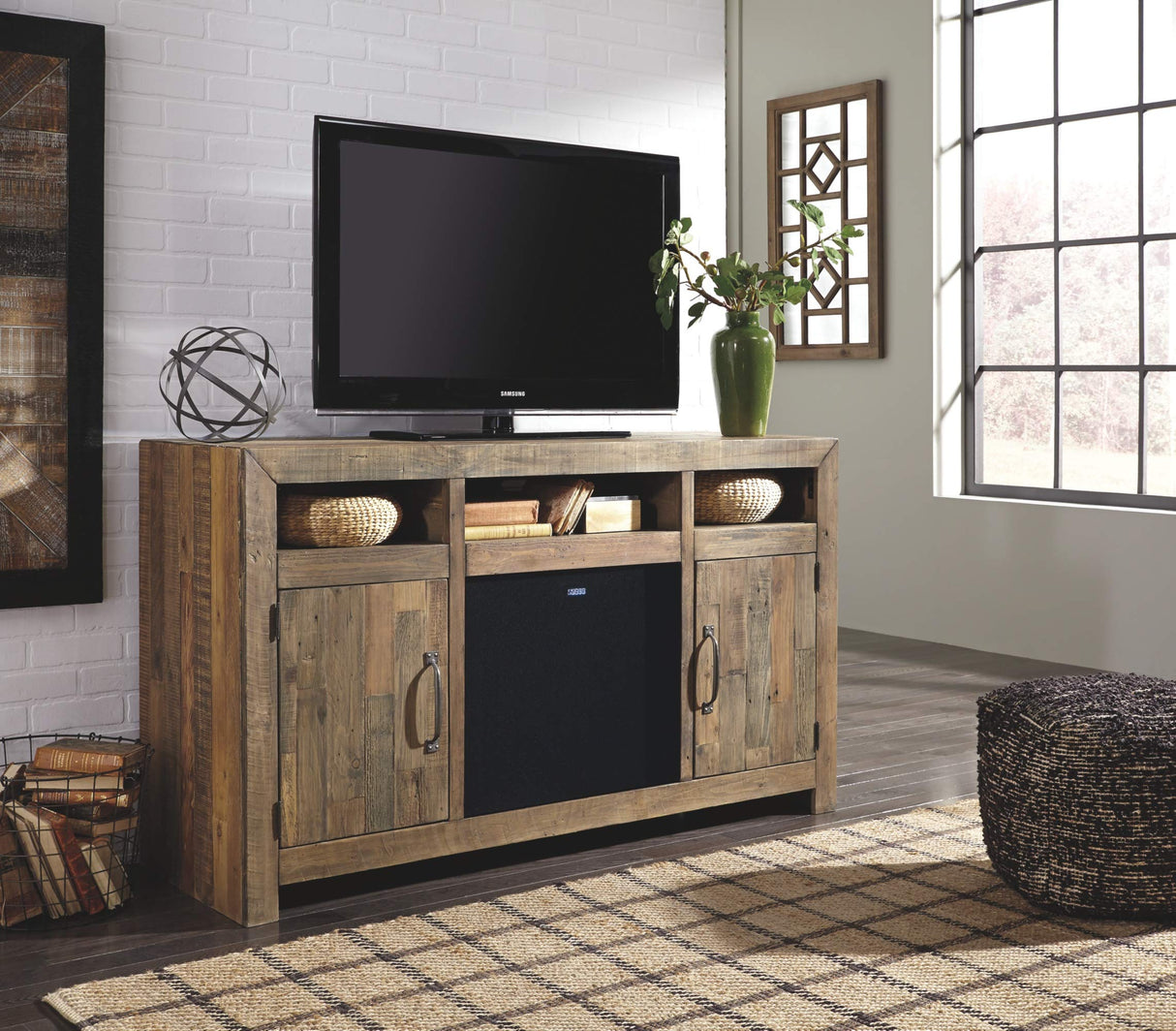Sommerford Rustic Solid Pine Wood TV Stand Fits TVs up to 60", 2 Cabinets, 3 Storage