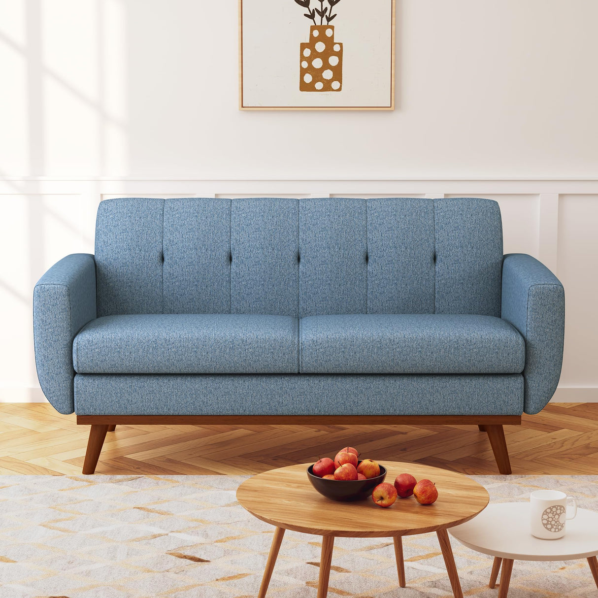 Futon Sofa Bed,Blue Loveseat Memory Foam Couch Sleeper,Linen Fabric Upholstered 2