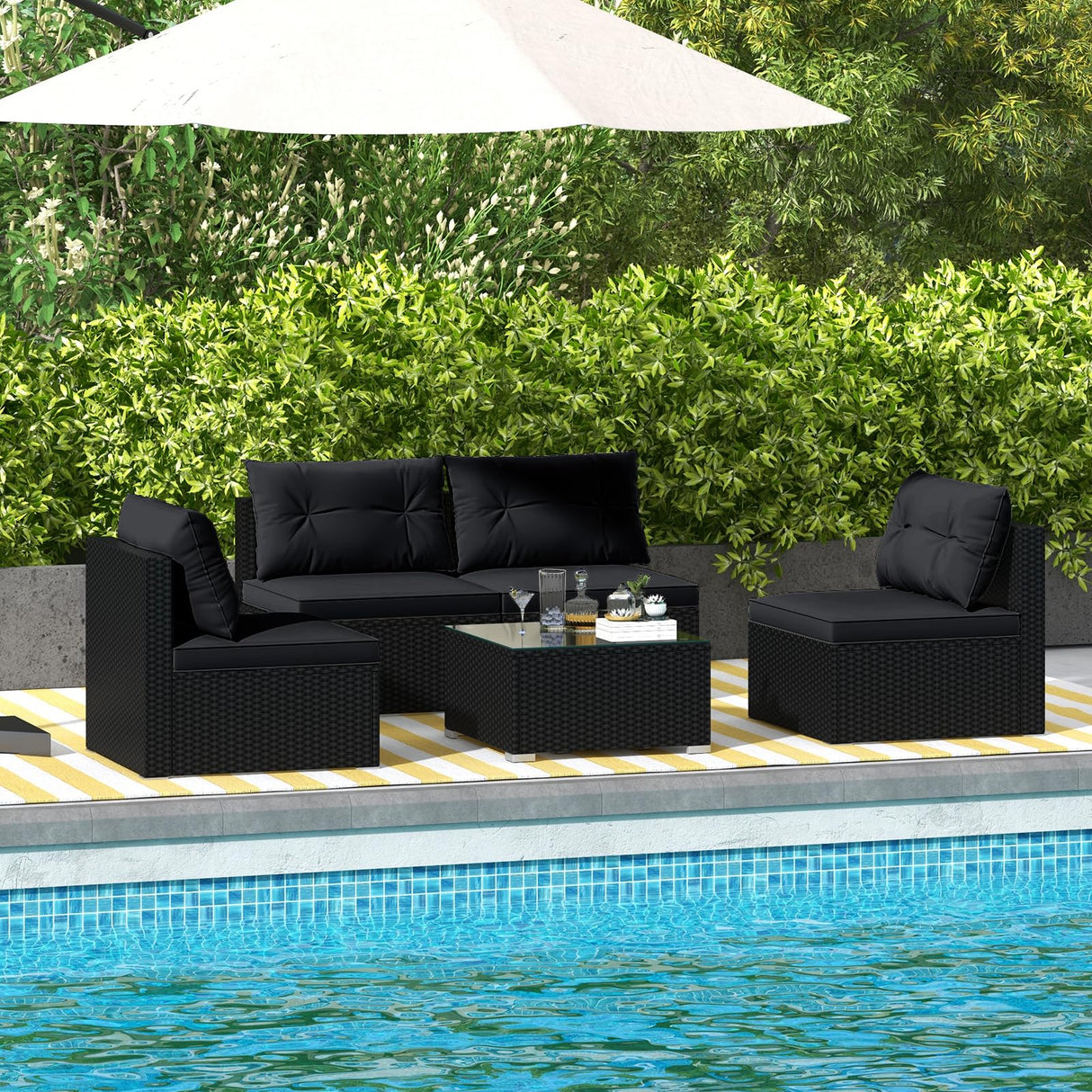 5-Piece Outdoor Patio Furniture Set, Rattan Sectional Sofa Set w/Glass-Top Coffee Table