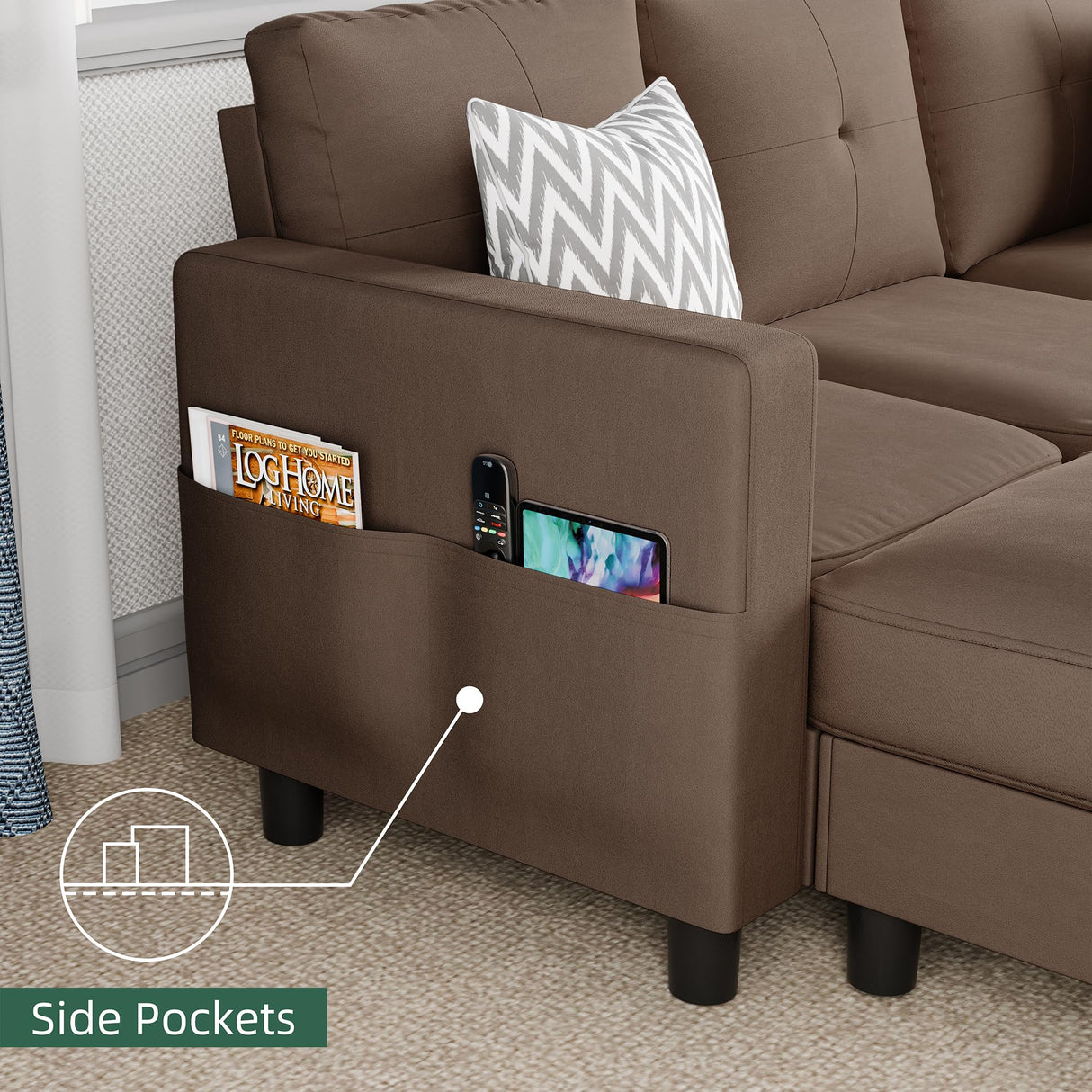 JY QAQA Convertible Sectional Sofa Couch with 3-Seat Sofa, L-Shaped Ottoman Couch with Modern Linen Fabric for Small Living Room, Apartment and Small Space(Brown