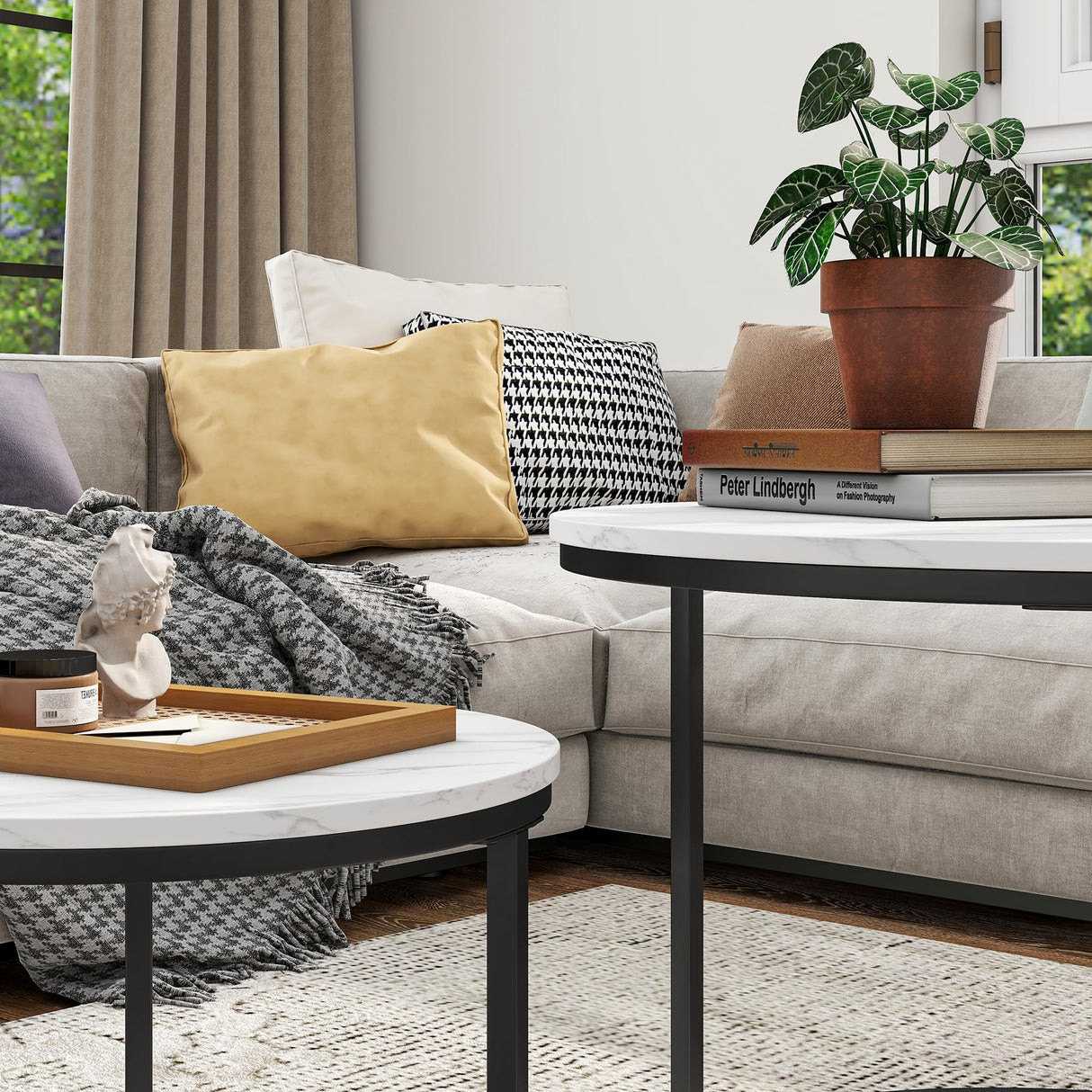 Industrial Round Coffee Table Set of 2 End Table for Living Room