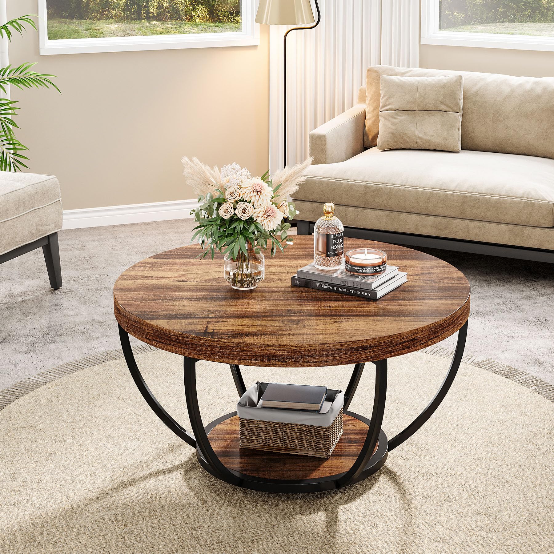 Round Coffee Table, 31.7" Wooden 2-Tier Circle Coffee Table with Storage Shelves