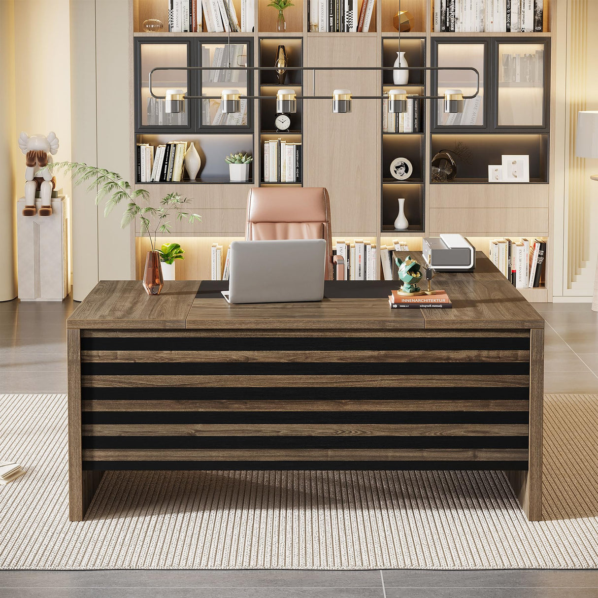 62.2" Executive Desk with Mobile File Cabinet, L-Shaped Office Desk