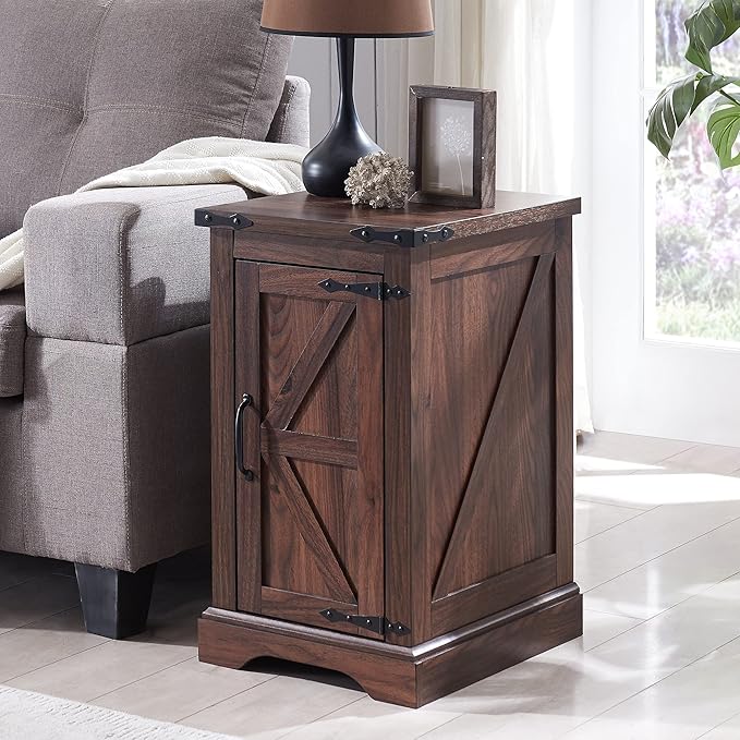 Nightstand with Charging Station, Rectangular Farmhouse End Table with Barn Door