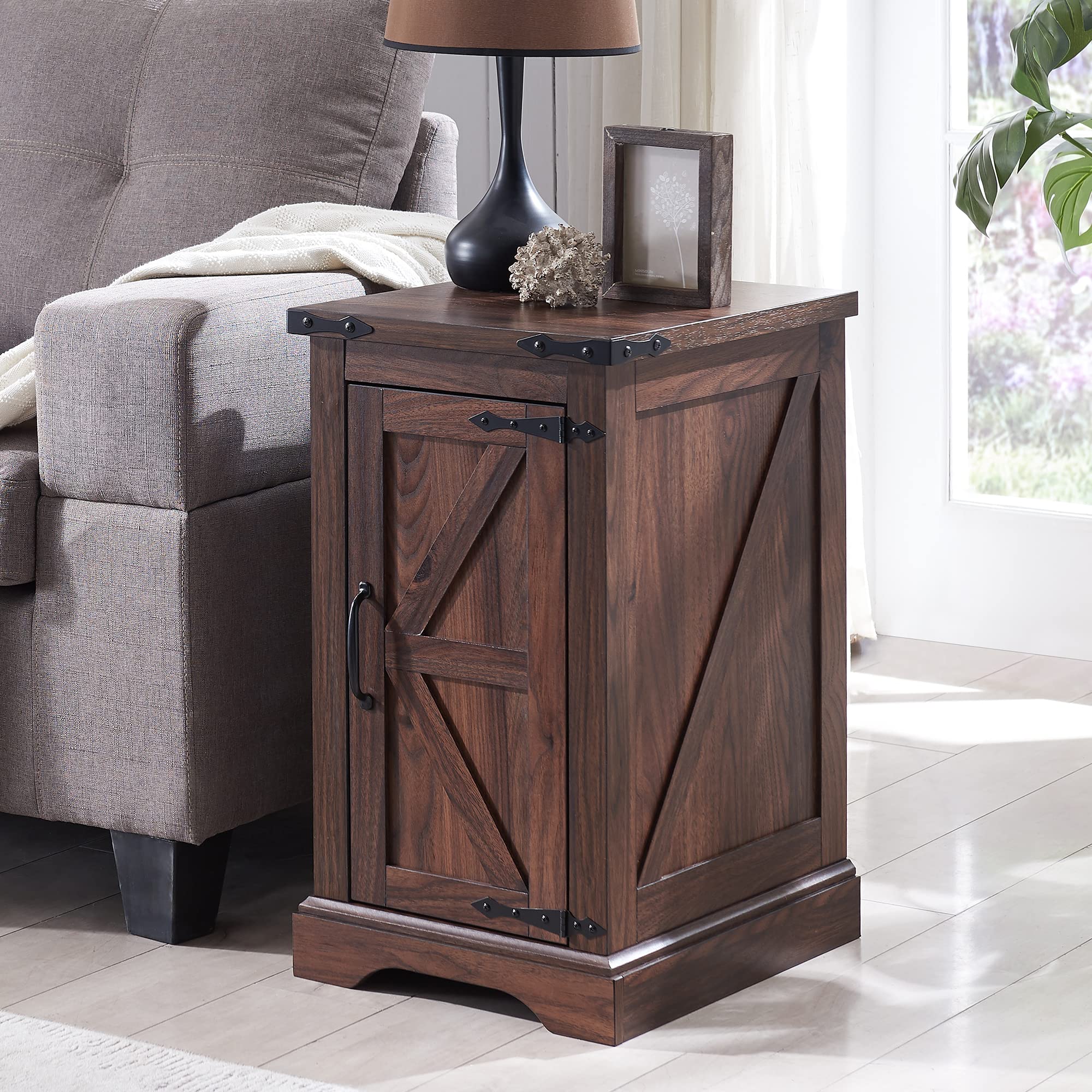 Nightstand with Charging Station, Rectangular Farmhouse End Table with Barn Door