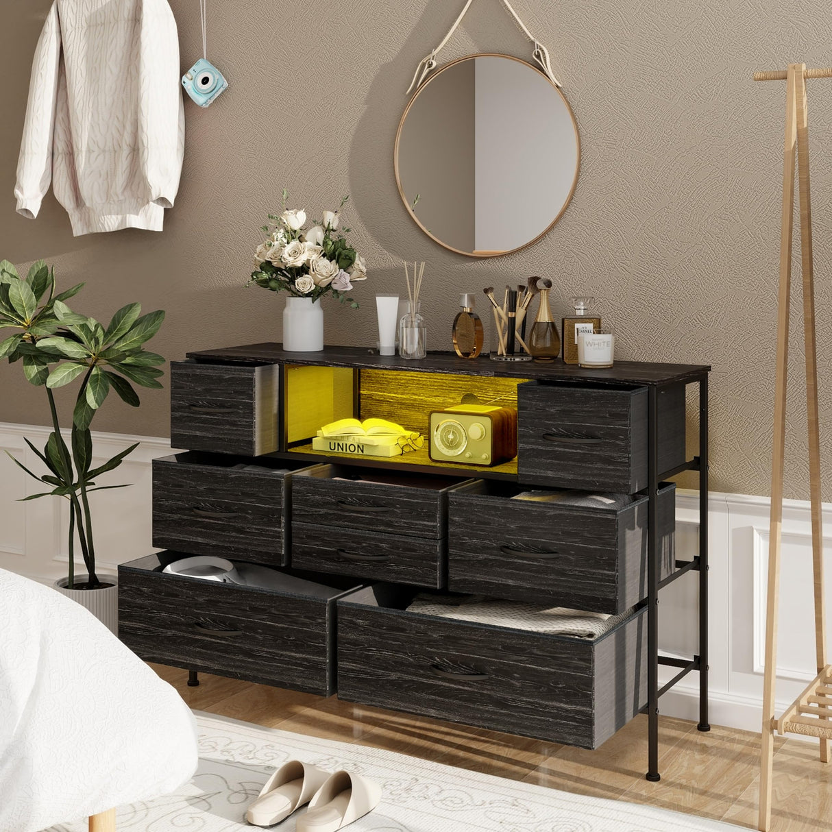 Wide Dresser with Charging Station and LED Light for Bedroom 8 Fabric Drawers Chest