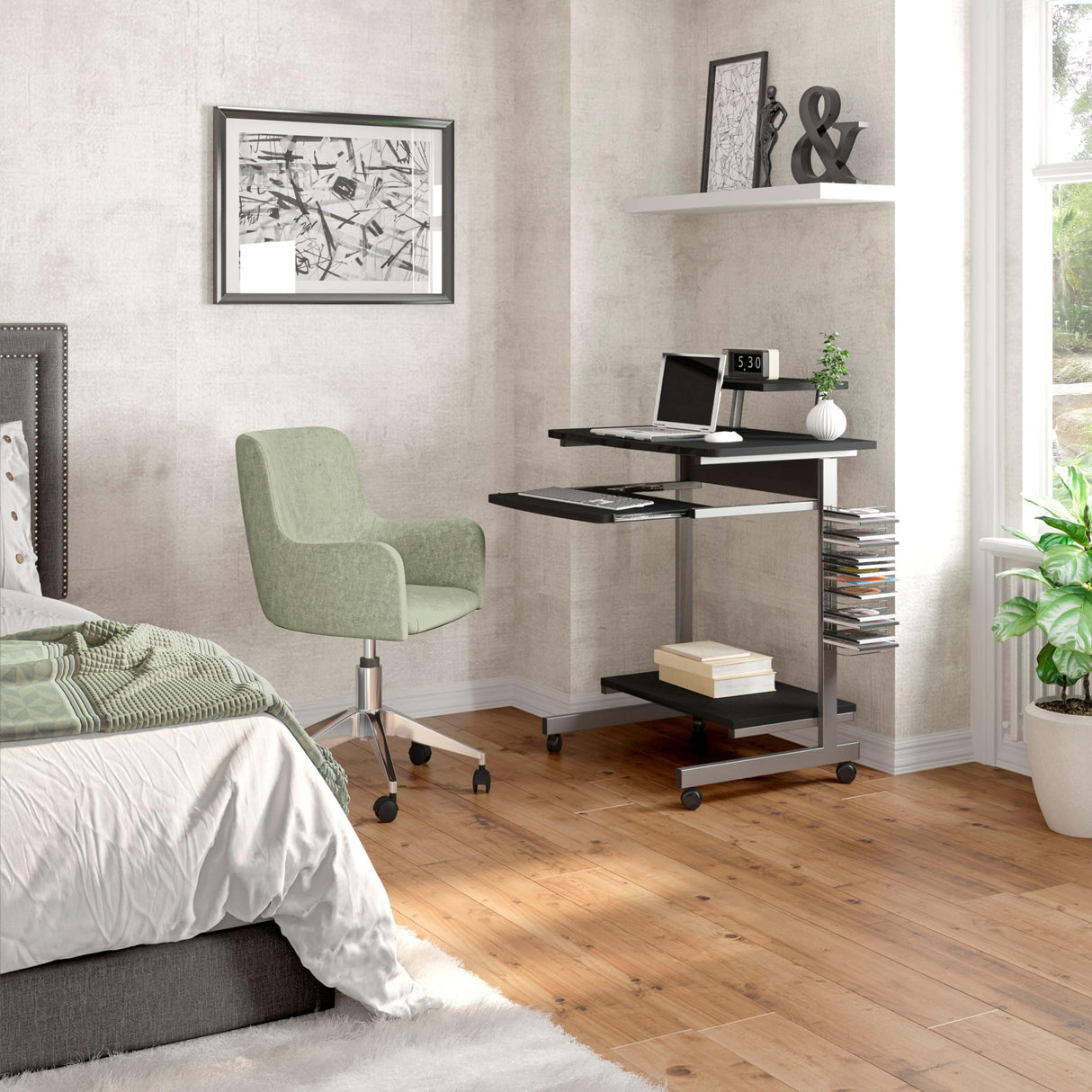 Computer Desk/Cart with Storage Shelves, Rolling Working Station for Small Spaces