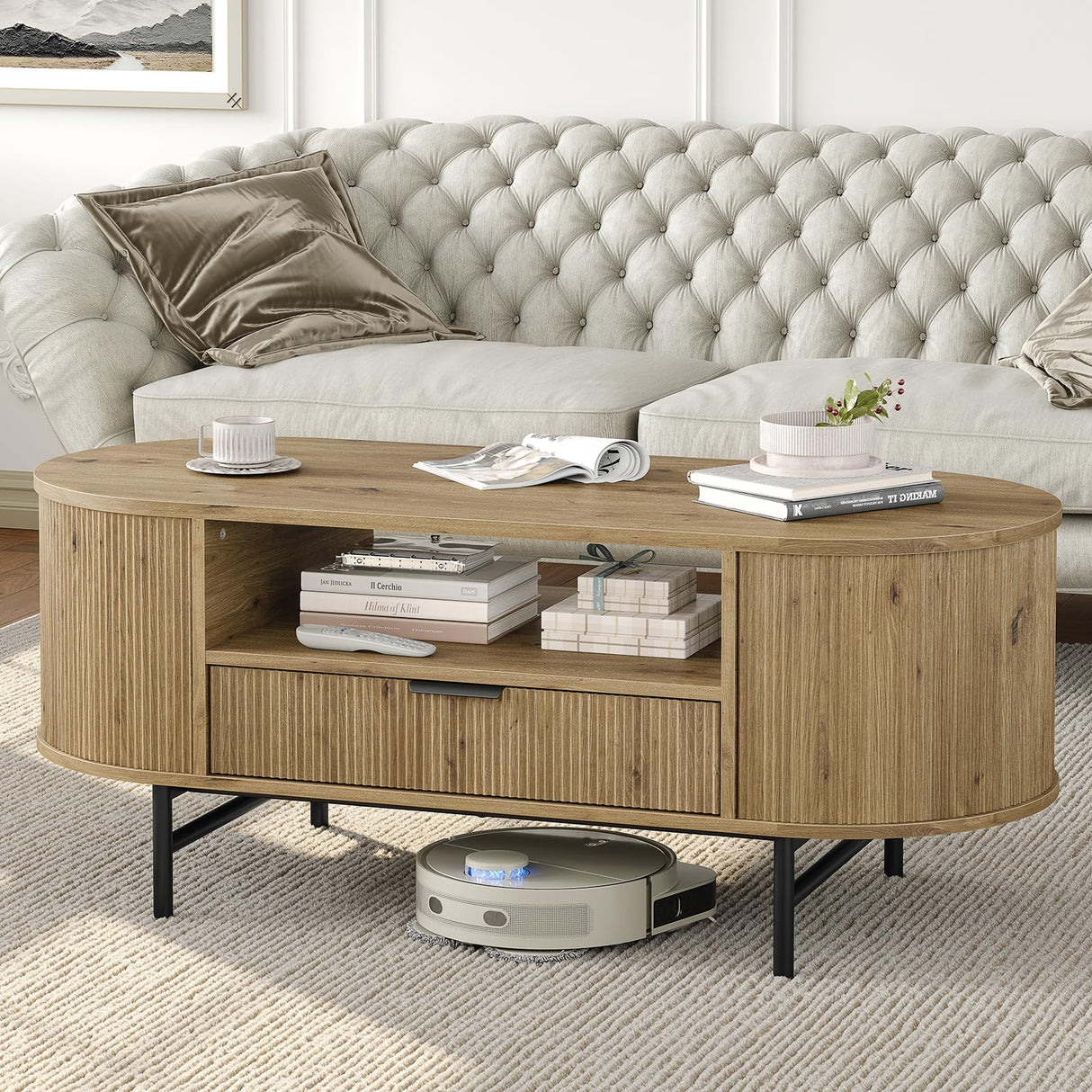 47.3'' Fluted Coffee Table with Storage, Oval Round Coffee Table
