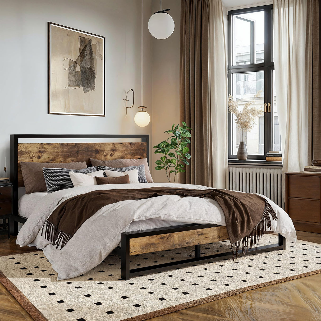 Queen Metal Bed Frame with Rustic Headboard & Footboard