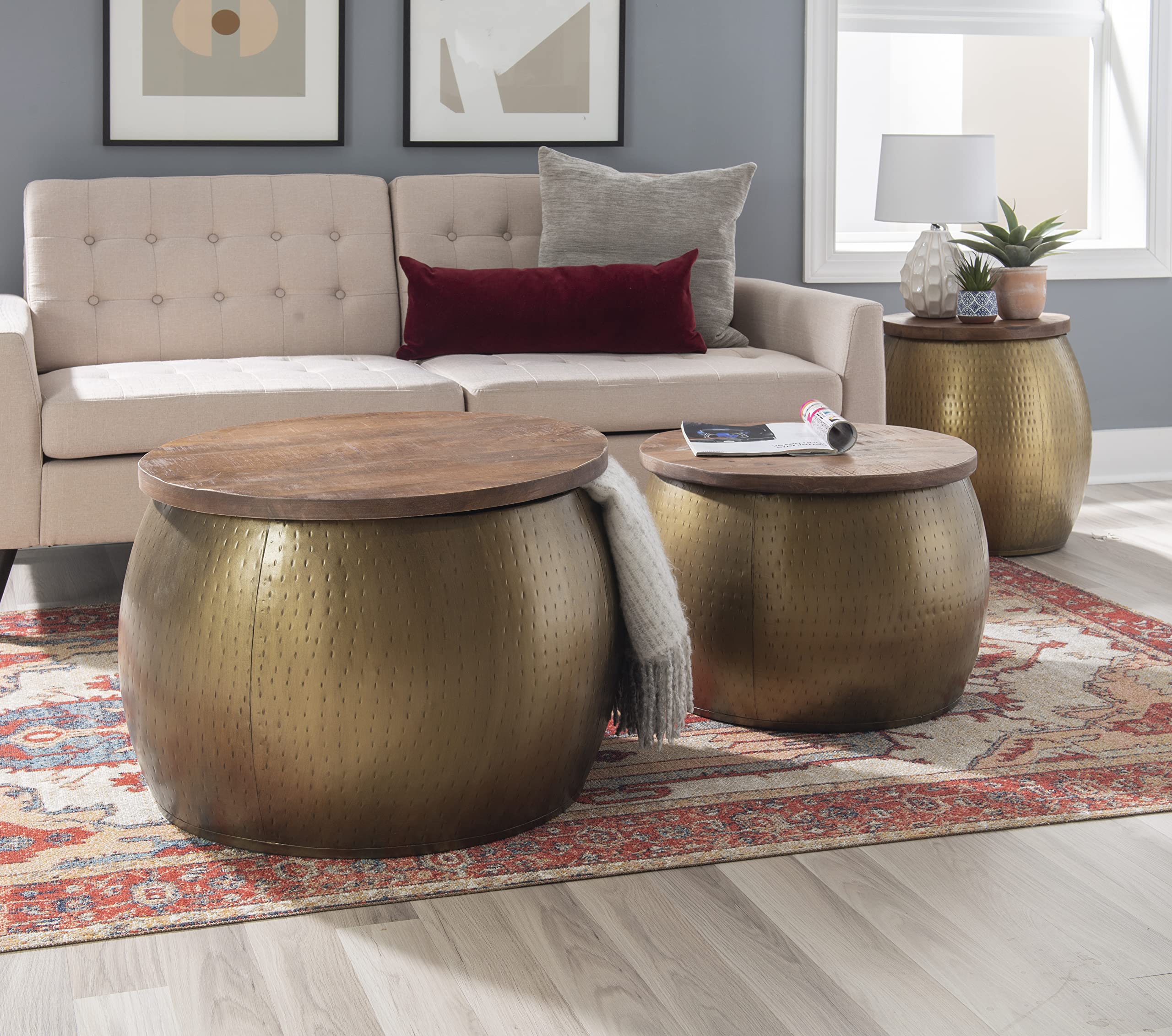 Janice Large Gold Drum Table with Storage