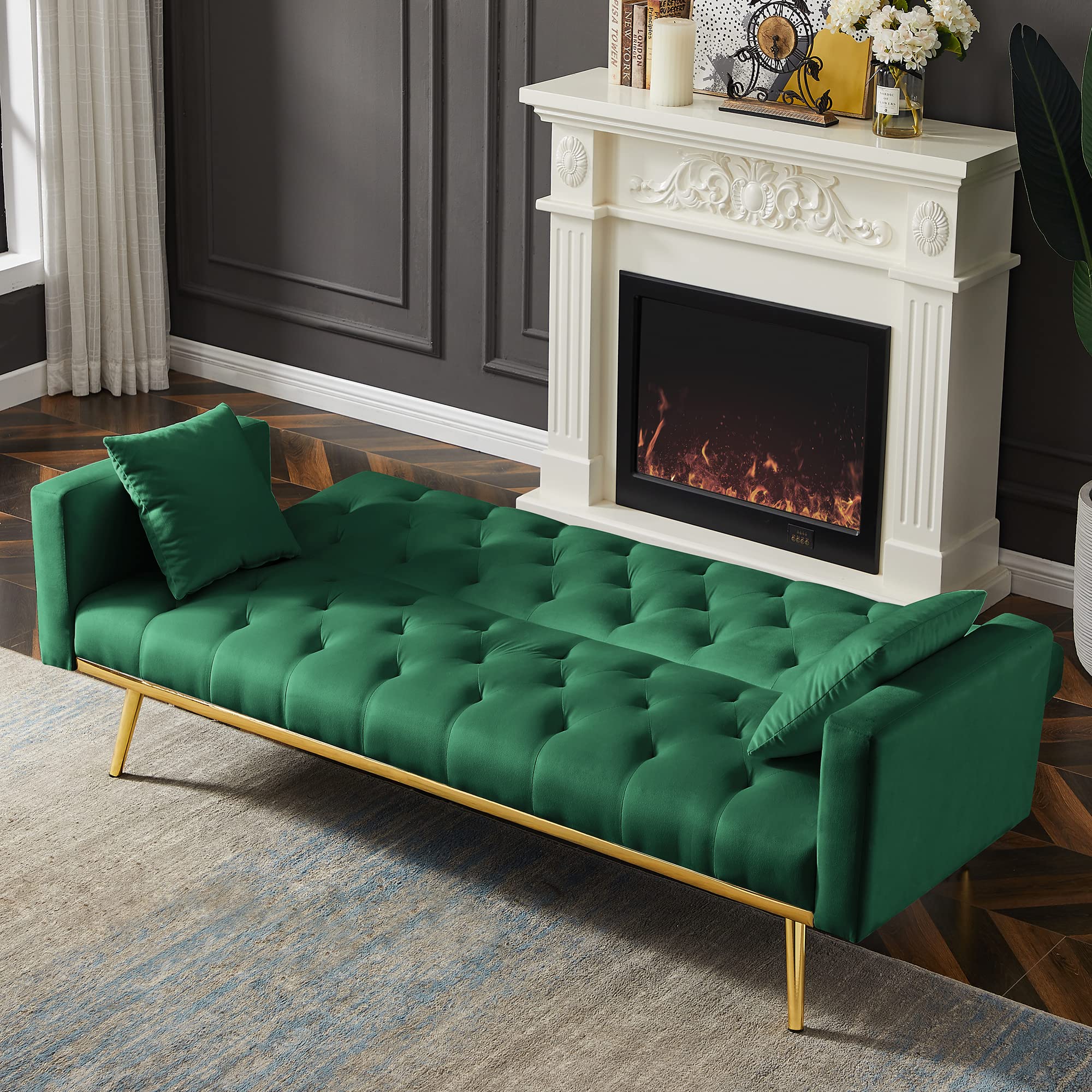 Modern Velvet Convertible Sleeper Sofa Couch with 2 Pillows, Folding Futon Sofa Bed