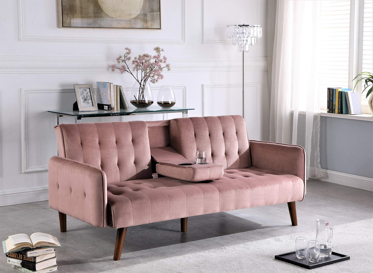 Velvet Round Arm Sofa Sofabed, Rose