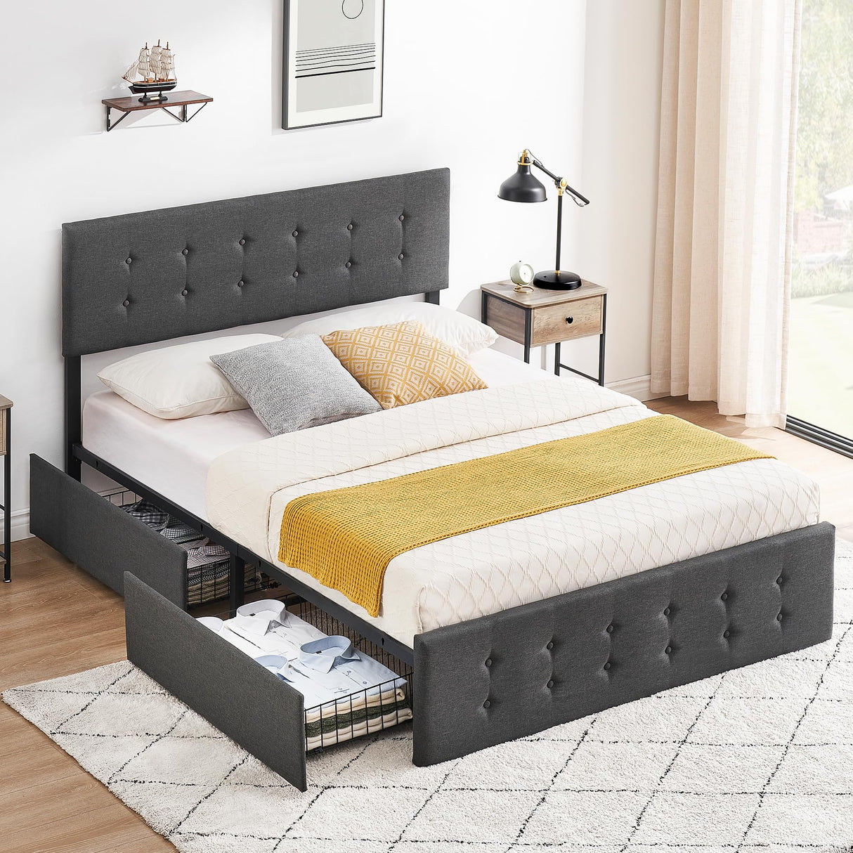 Queen Bed Frame with 4 Storage Drawers, Grey Tufted Design