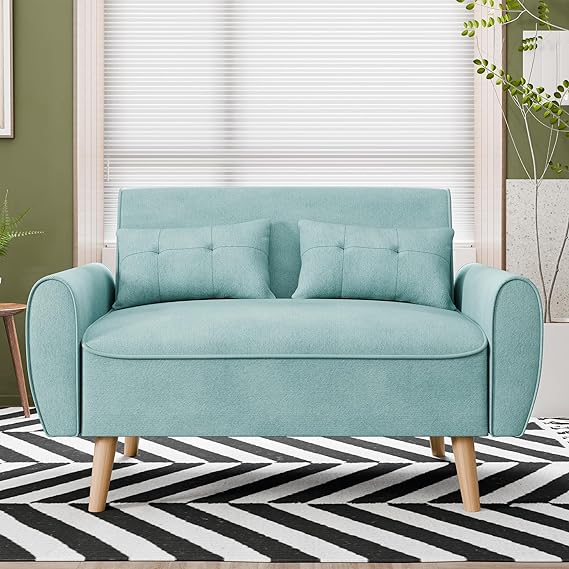 47" Small Modern Loveseat Sofa, Mid Century Linen Fabric 2-Seat Sofa