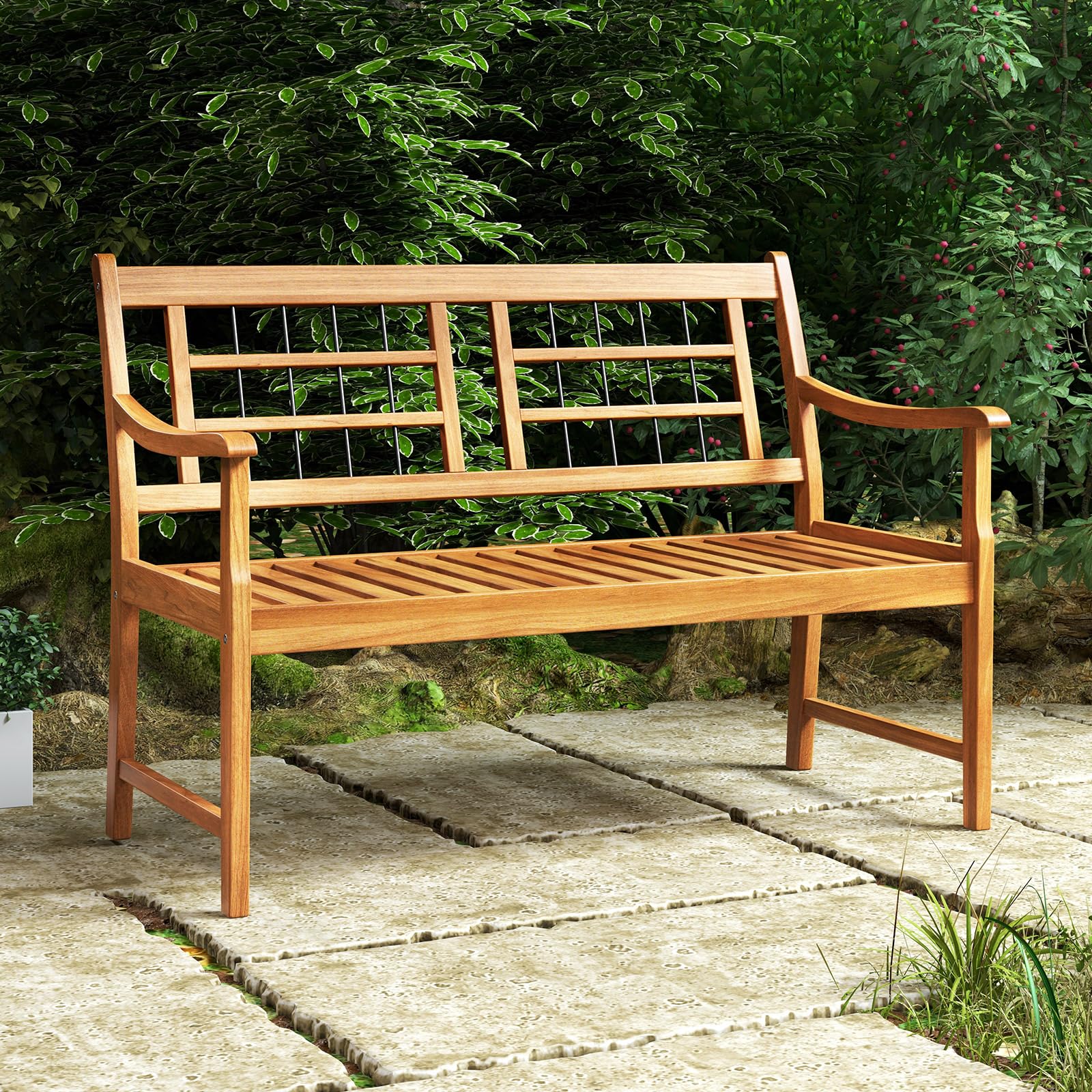 Patio Acacia Wood Bench, Wooden 2-Person Outside Chair w/Curved Armrests