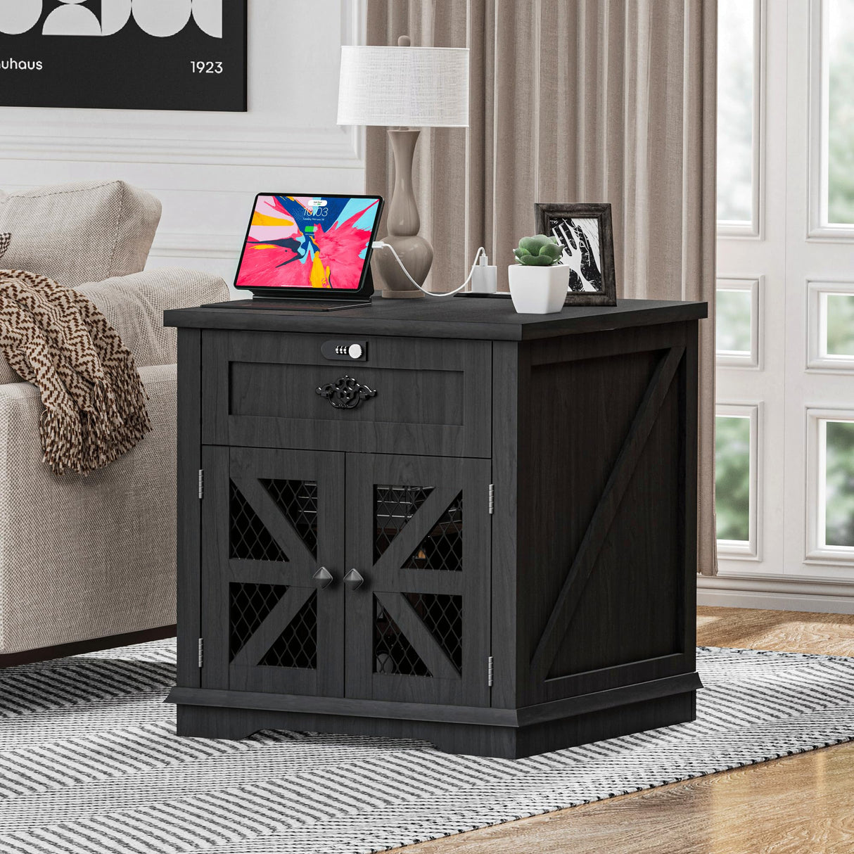 Farmhouse Nightstand End Table with Charging Station, 24" Side Table