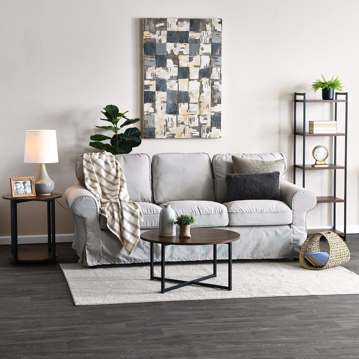 Jamestown Round Coffee Table Mid Century Walnut Wood Grain and Black Metal