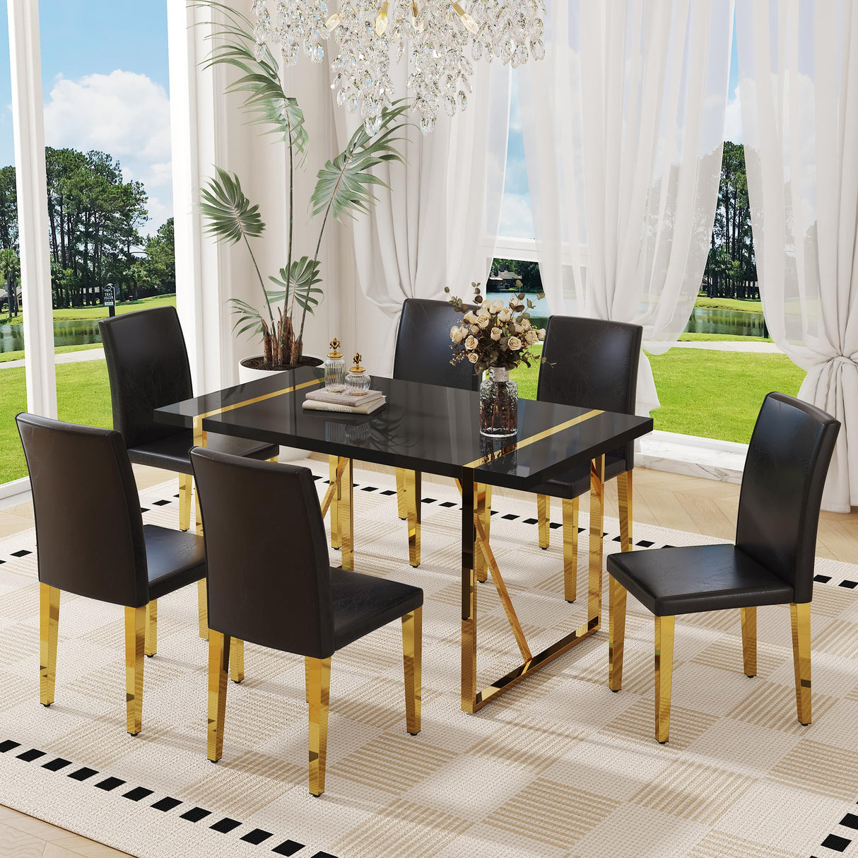 55" Black Dining Table Set for 6 with Golden Metal Legs