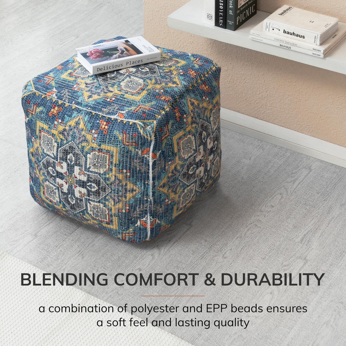 Anji Mountain Square Pouf , 20" x 20" x 20", Blue and Gray