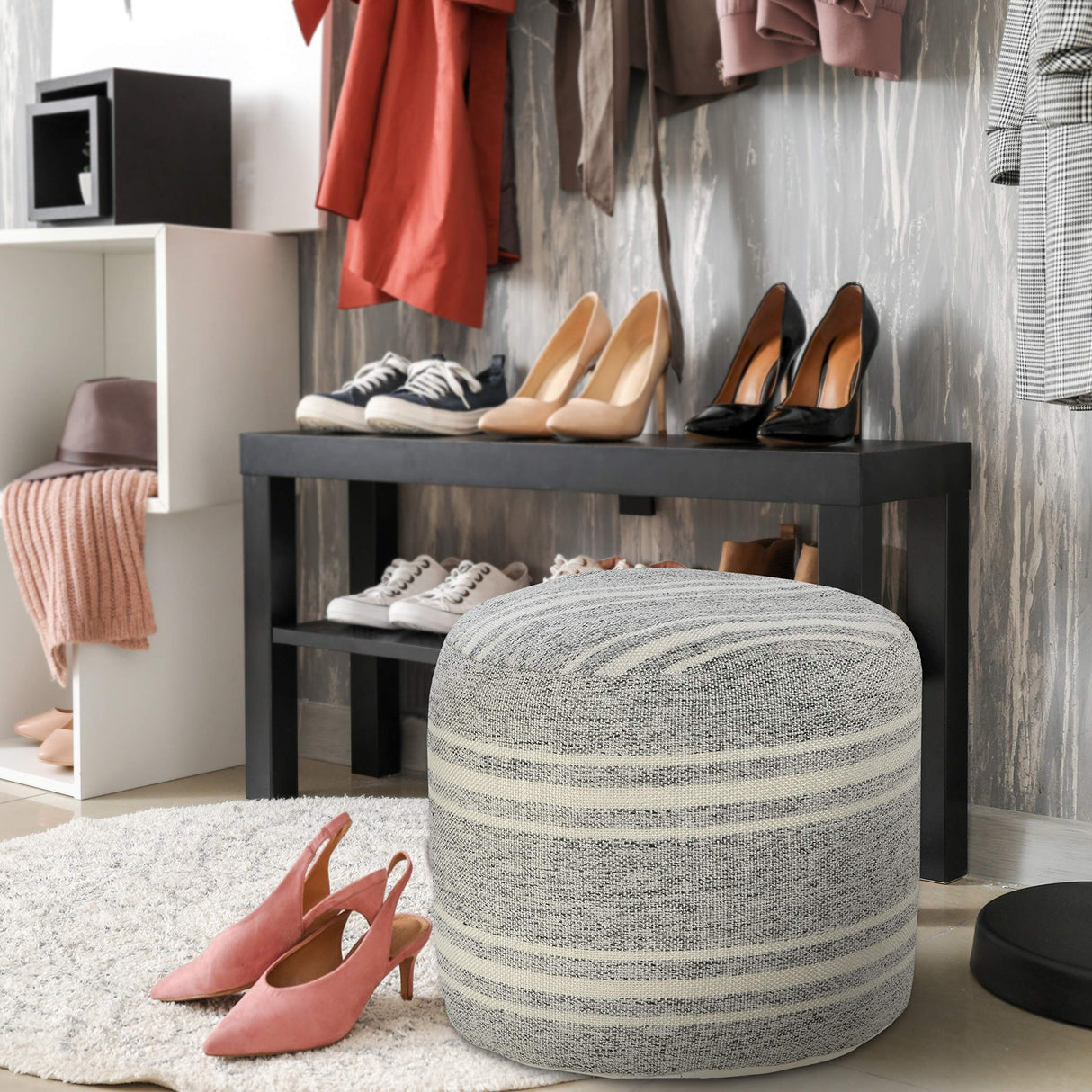 Farmhouse Triple Stripe Indoor Outdoor Pouf, Gray/White, 18" x 18" x 14"