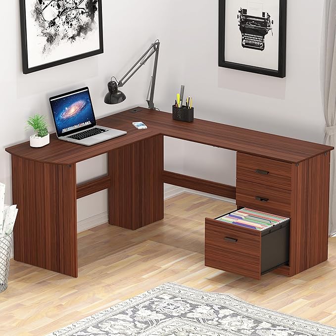 Shaped Home Office Wood Corner Desk with 3 Drawers, Maple