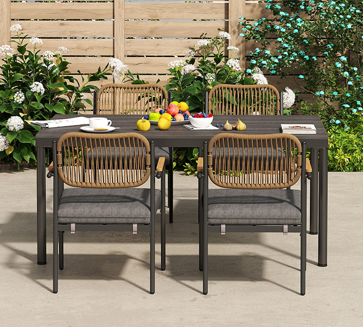 Wicker Outdoor Dining Set for 4, Upholstered 5 Piece Patio Dining Set with Armrests