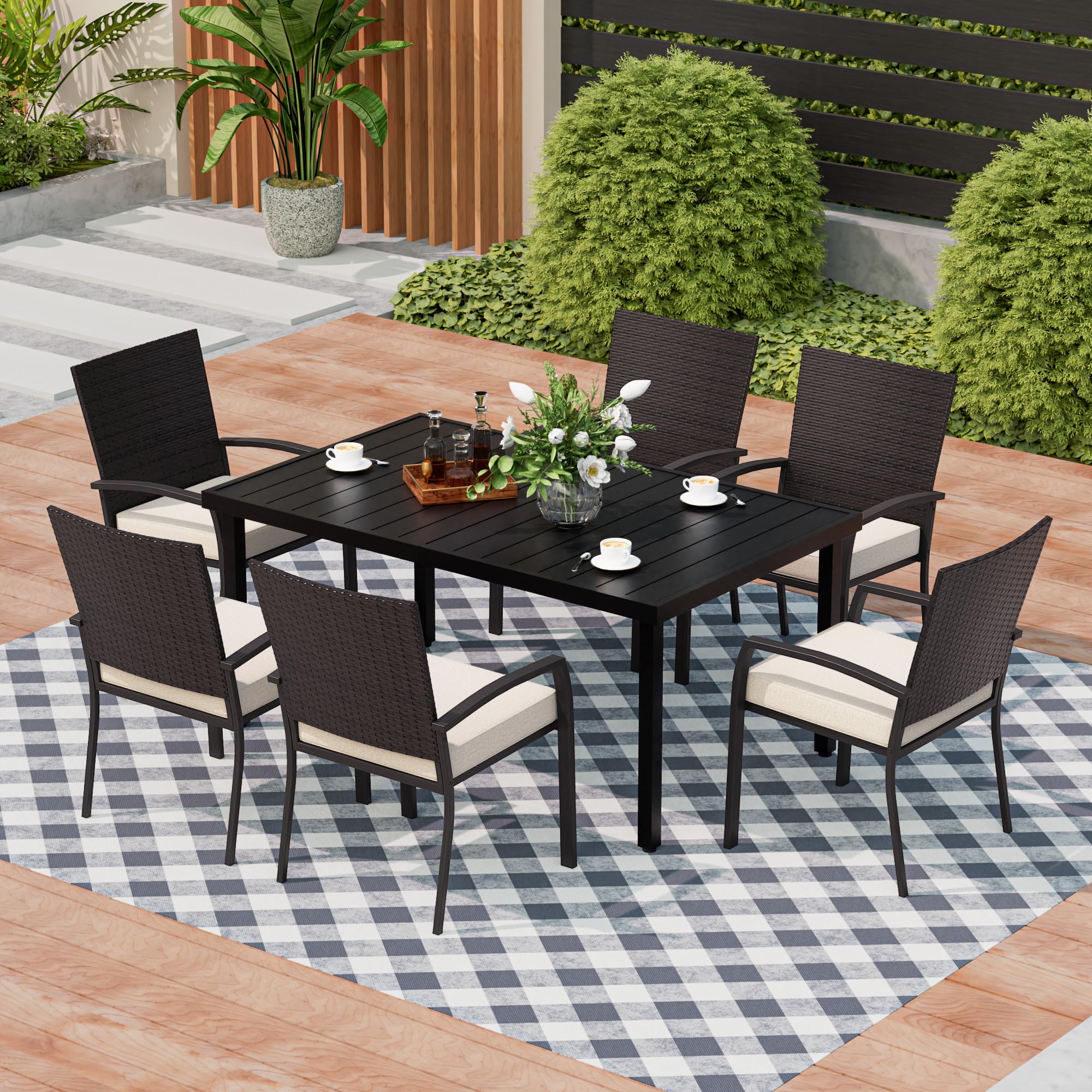 Qsoer 7-Piece Patio Dinning Set, All-Weather Use Outdoor Dinning Set for 6 with 1 Rectangular Table and 6 Metal Chairs for Deck, Porch, Poolside,Backyard