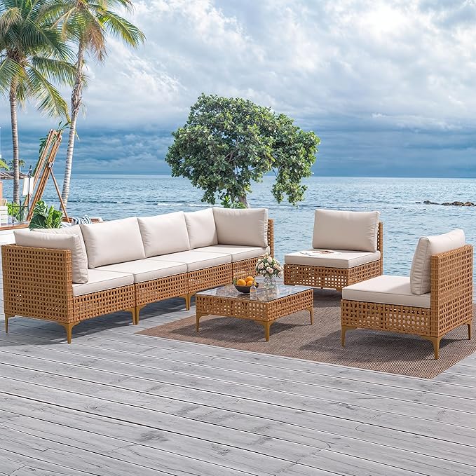 7 Pieces Patio Furniture Set, Sectional Sofa PE Rattan Wicker Conversation Set Outside