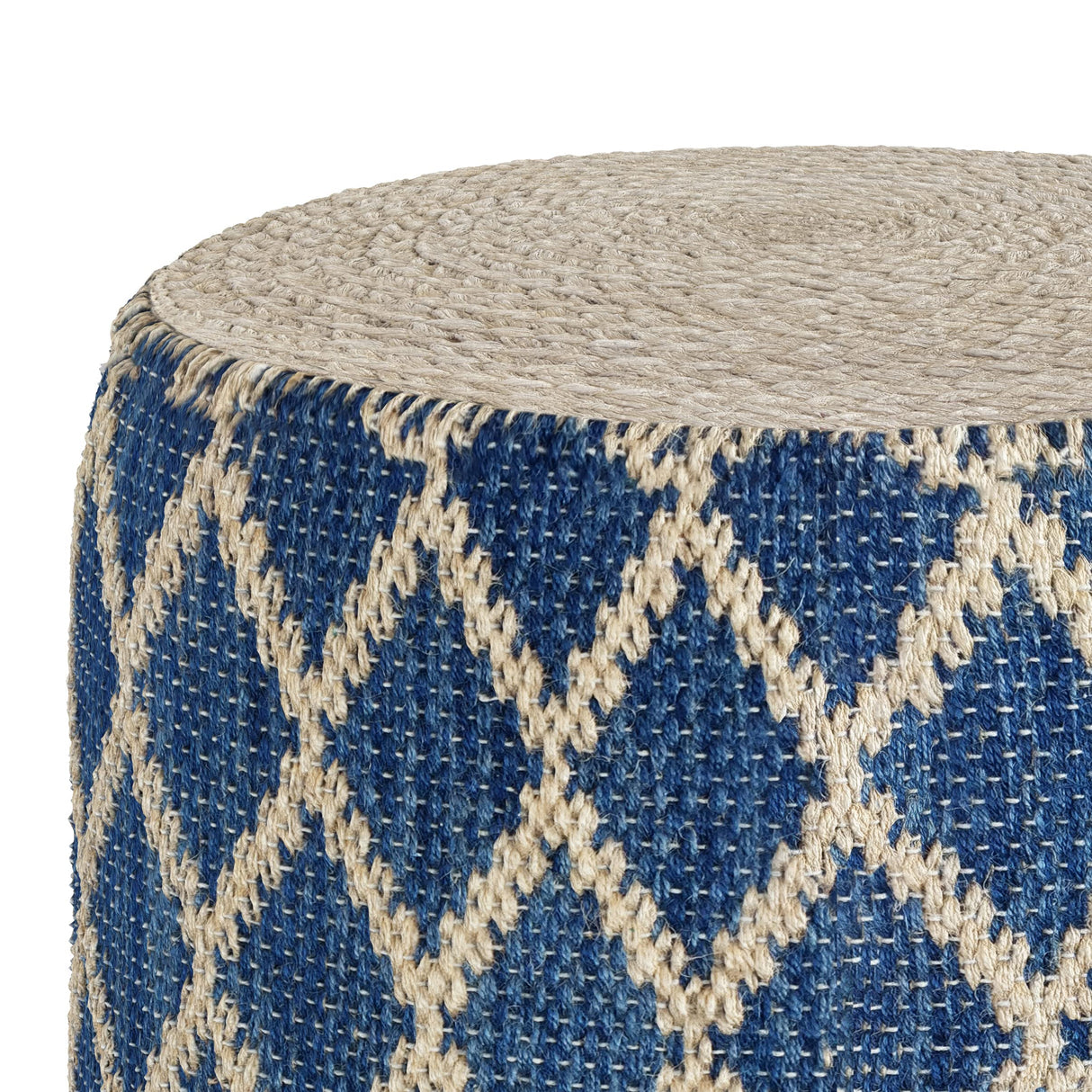 Edgeley Boho Round Pouf in Classic Blue, Natural Woven Braided Jute for the Living Room, Bedroom and Kids Room