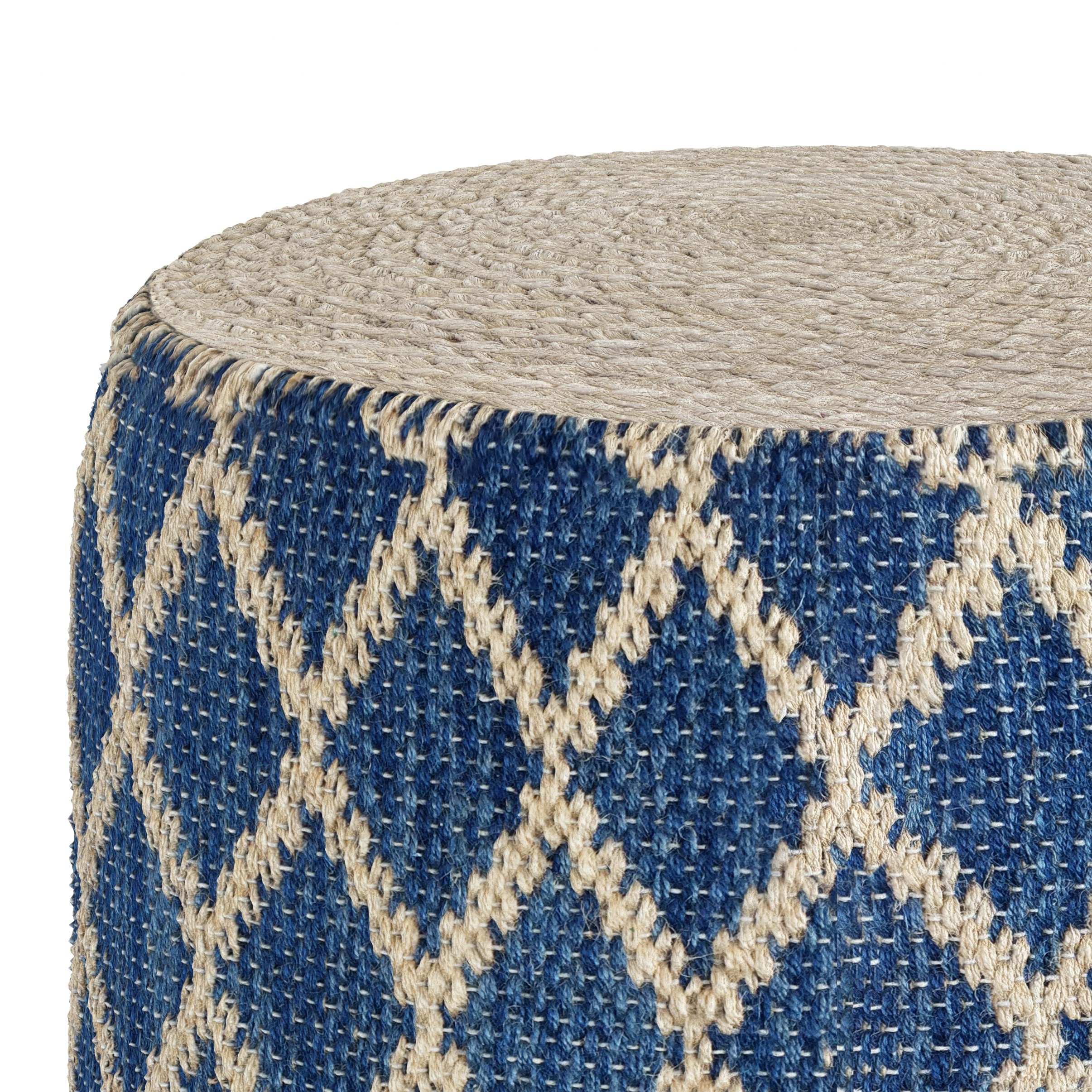 Edgeley Boho Round Pouf in Classic Blue, Natural Woven Braided Jute for the Living Room, Bedroom and Kids Room