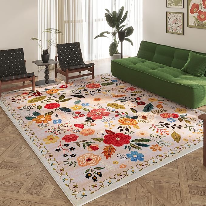 Christmas Rug 8x10 Area Rugs for Living Room Washable Rug Floral Non-Slip Large Rug