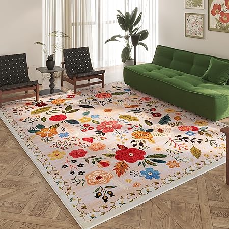 Boho Area Rug – Washable Floral Living Room Carpet, Non-Slip & Vintage Style