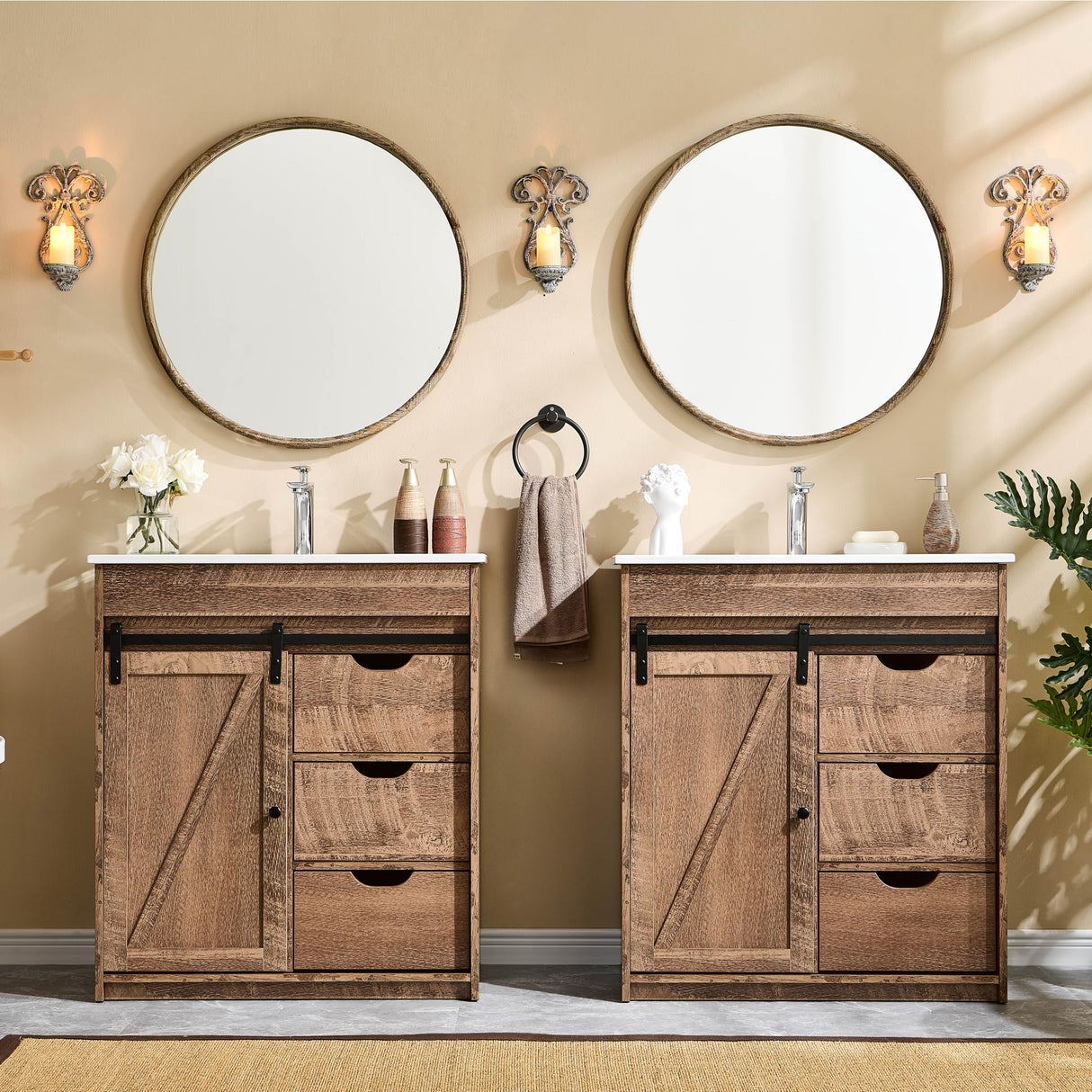 Aitjunz 30" Farmhouse Bathroom Vanity with Sink, Freestanding Modern Bathroom Storage Vanity Cabinet w/Sliding Barn Door, 3 Drawers & Adjustable Shelves, Light Brown