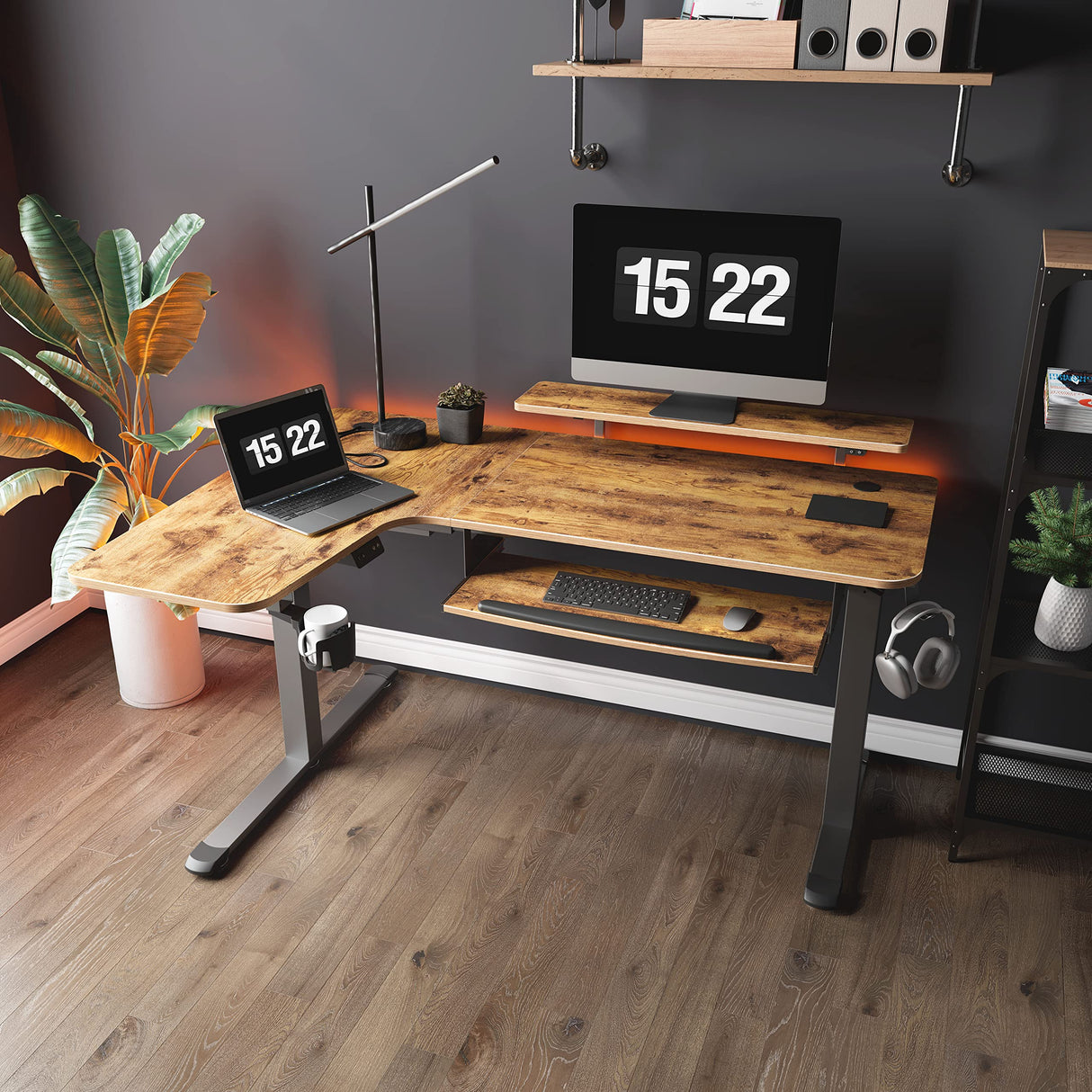 ERGONOMIC Standing Desk with Keyboard Tray, Computer Desk, 61" L Shaped Electric Adjustable Height